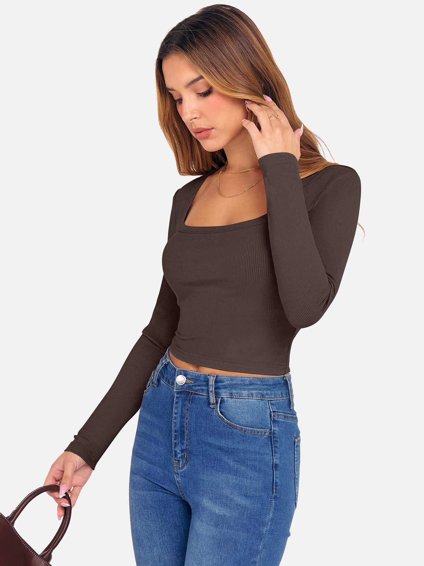 ANRABESS Women's Long Sleeve Crop Top Square Neck Ribbed Slim Fitted Shirts Casual Workout Basic Tees 2025 Fall Y2k Clothes Khaki Small