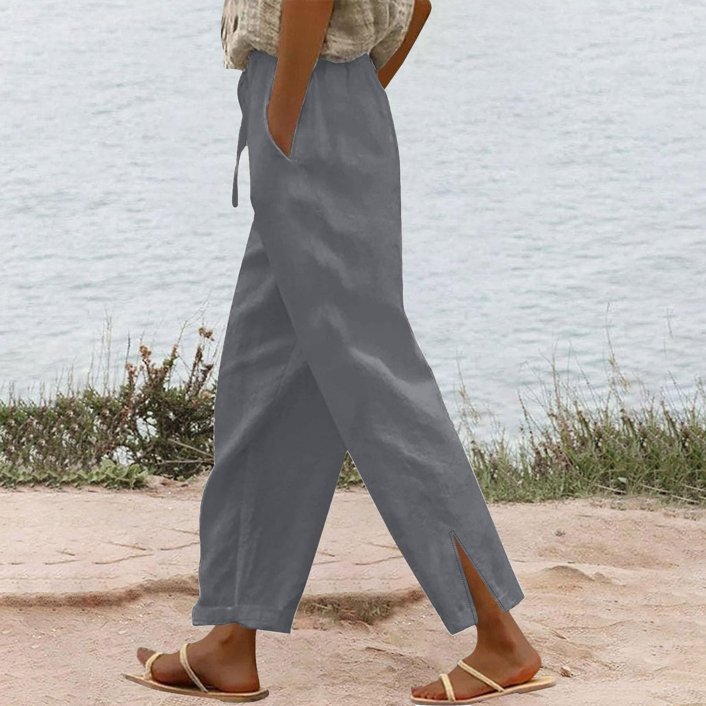 Womens Summer Pants Lightweight Casual Cotton Linen Pants for Women 2025 Summer Gauze Drawstring High Waisted Wide Leg Trousers Beach Vacation Clothes White XL