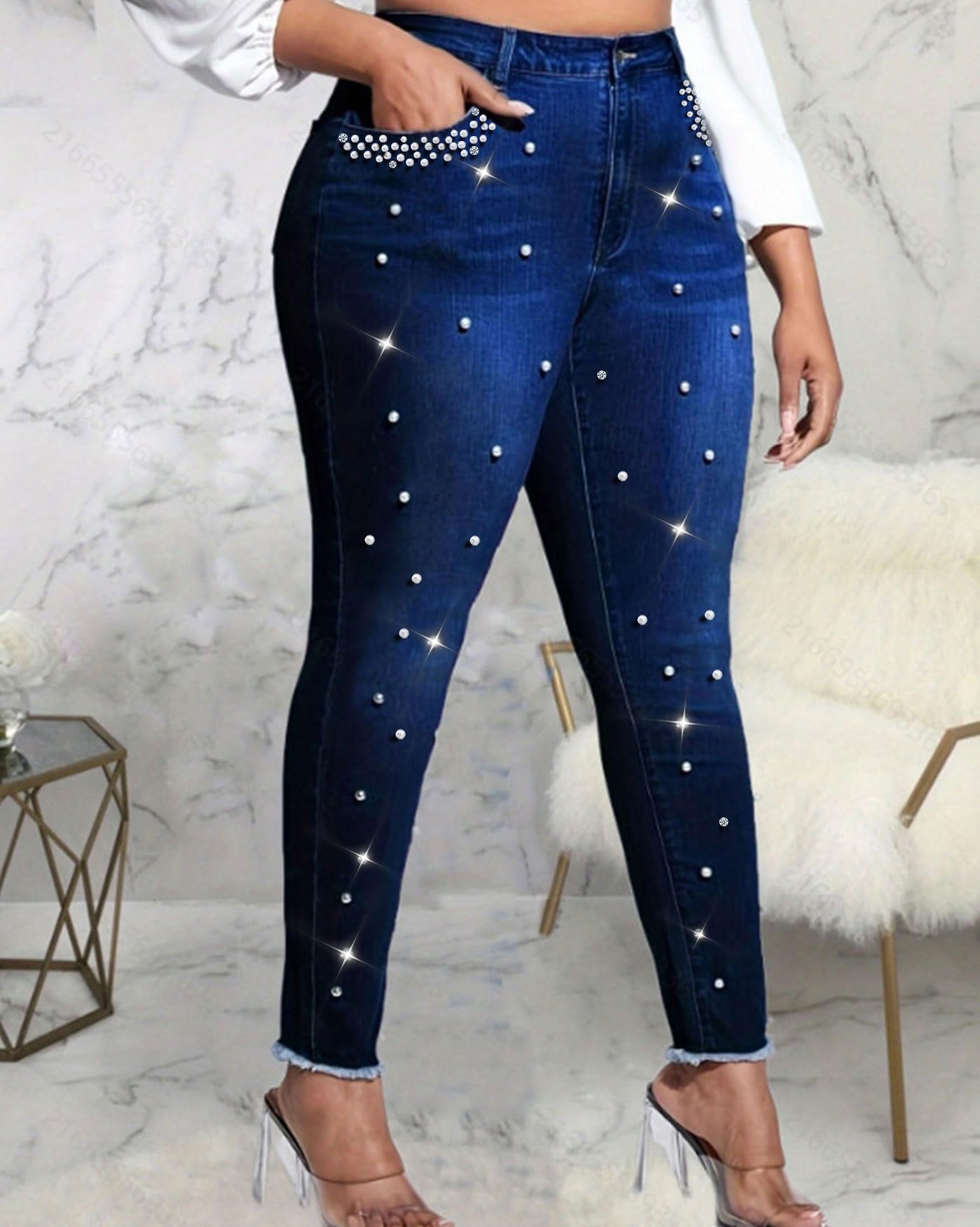 Cyparel Women's Rhinestone Jeans High Waist Pearls Beaded Fringe Tassels Frayed Butt Lifting Stretch Skinny Denim Pants Light Blue