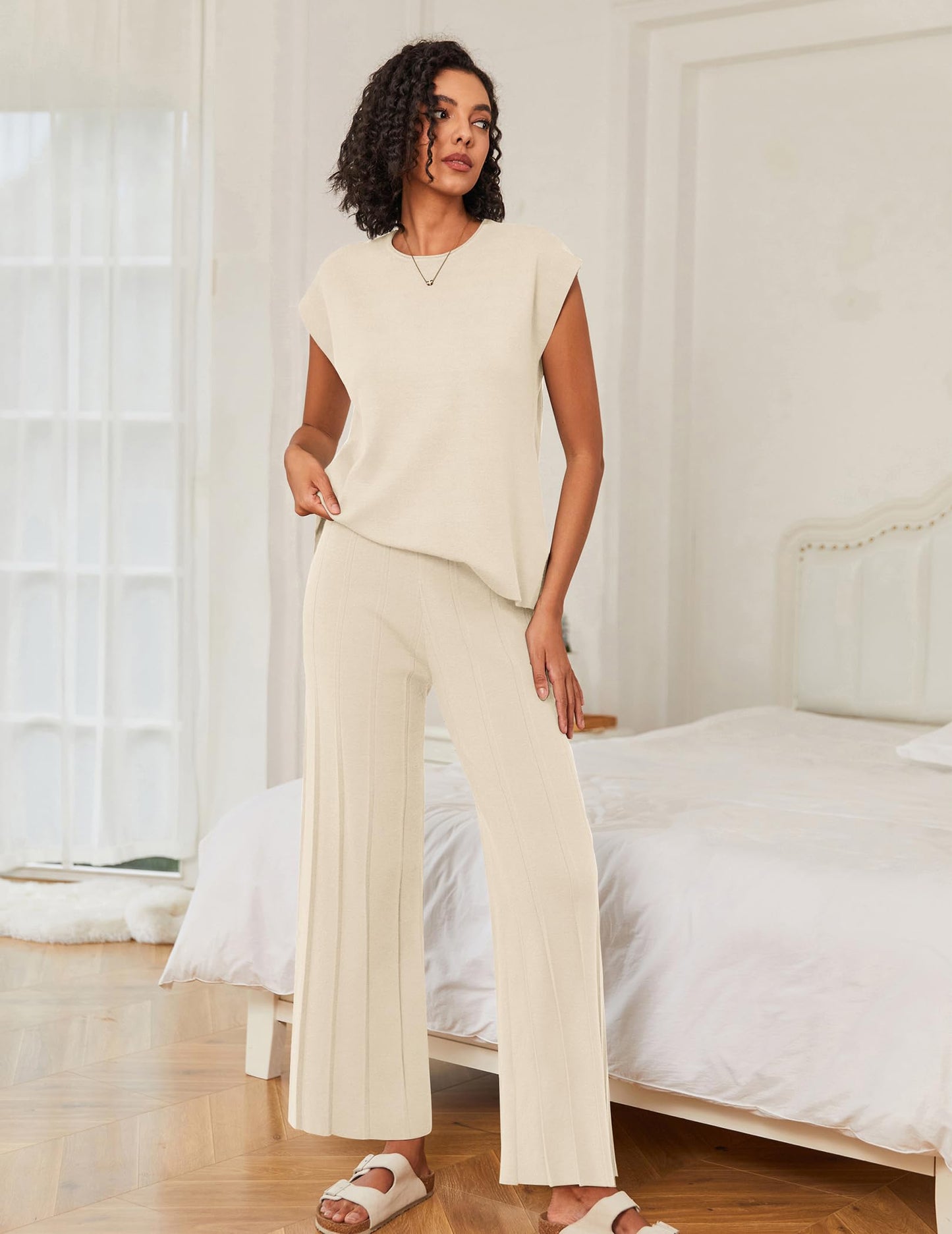 Ekouaer Lounge Sets for Women Two Piece Outfits Knit Cap Sleeve Tops Wide Leg Pleated Pants Casual Dressy Sweater Sets Beige