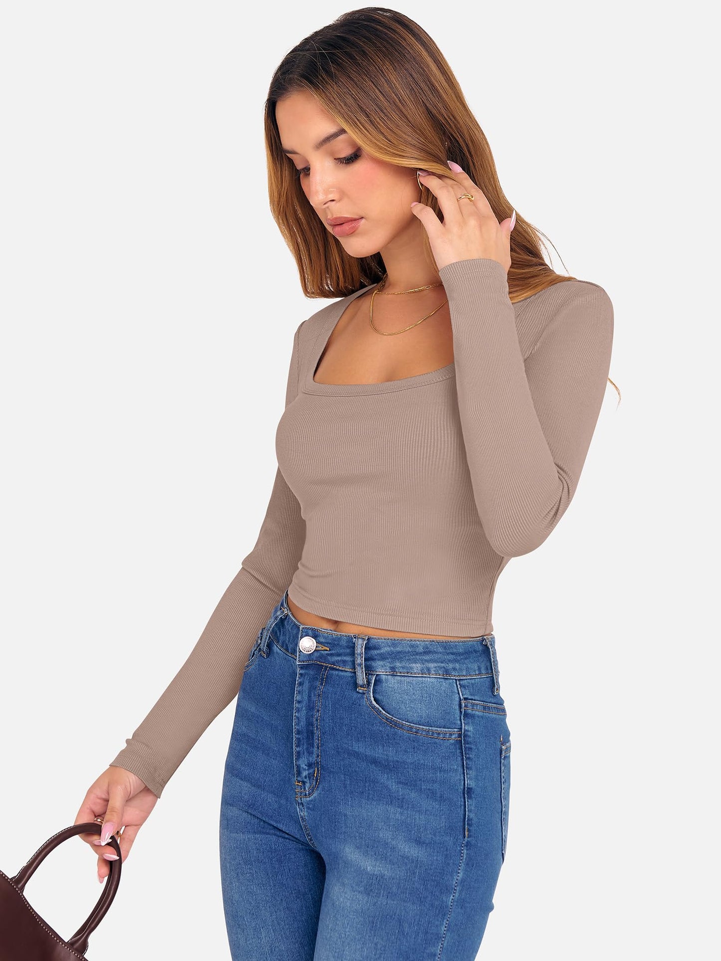 ANRABESS Women's Long Sleeve Crop Top Square Neck Ribbed Slim Fitted Shirts Casual Workout Basic Tees 2025 Fall Y2k Clothes Khaki Small