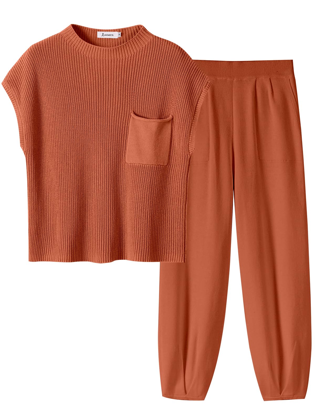 ANRABESS Women's Two Piece Outfits Knit Sweater Vest Crop Top Pants Lounge Matching Tracksuit Sweatsuit Travel Clothes Sets Pink X-Small