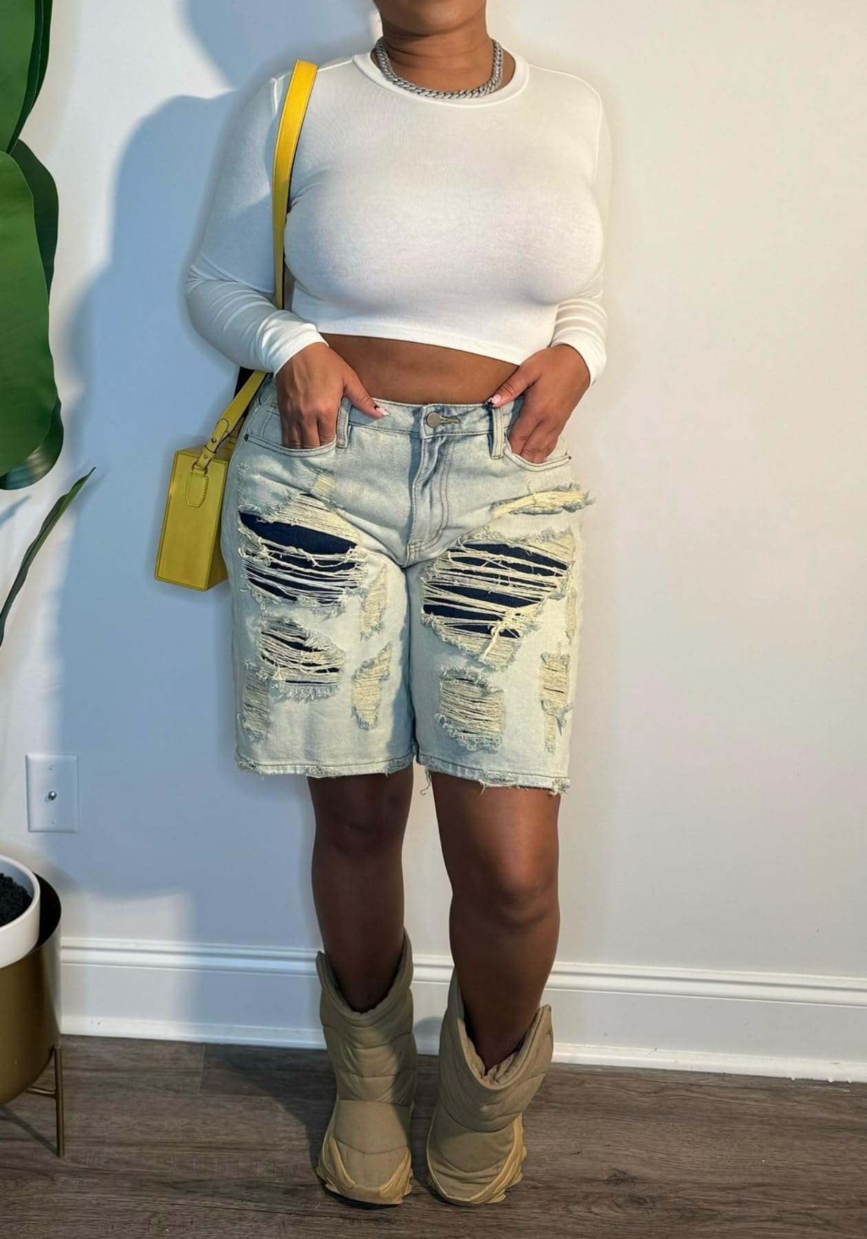 Women's Jean Shorts Distressed High Waist Straight Leg Denim Shorts Casual Cargo Jean Shorts with Pockets