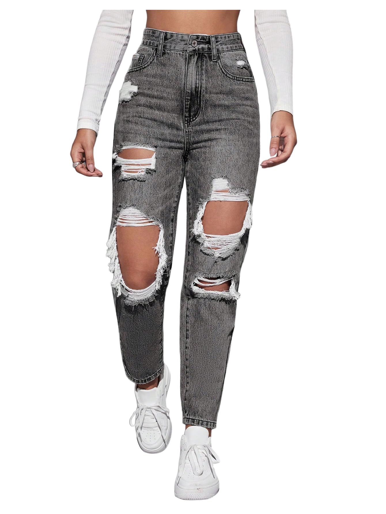 Floerns Women's High Waist Boyfriend Straight Leg Ripped Jeans Distressed Denim Pants Light Blue Large