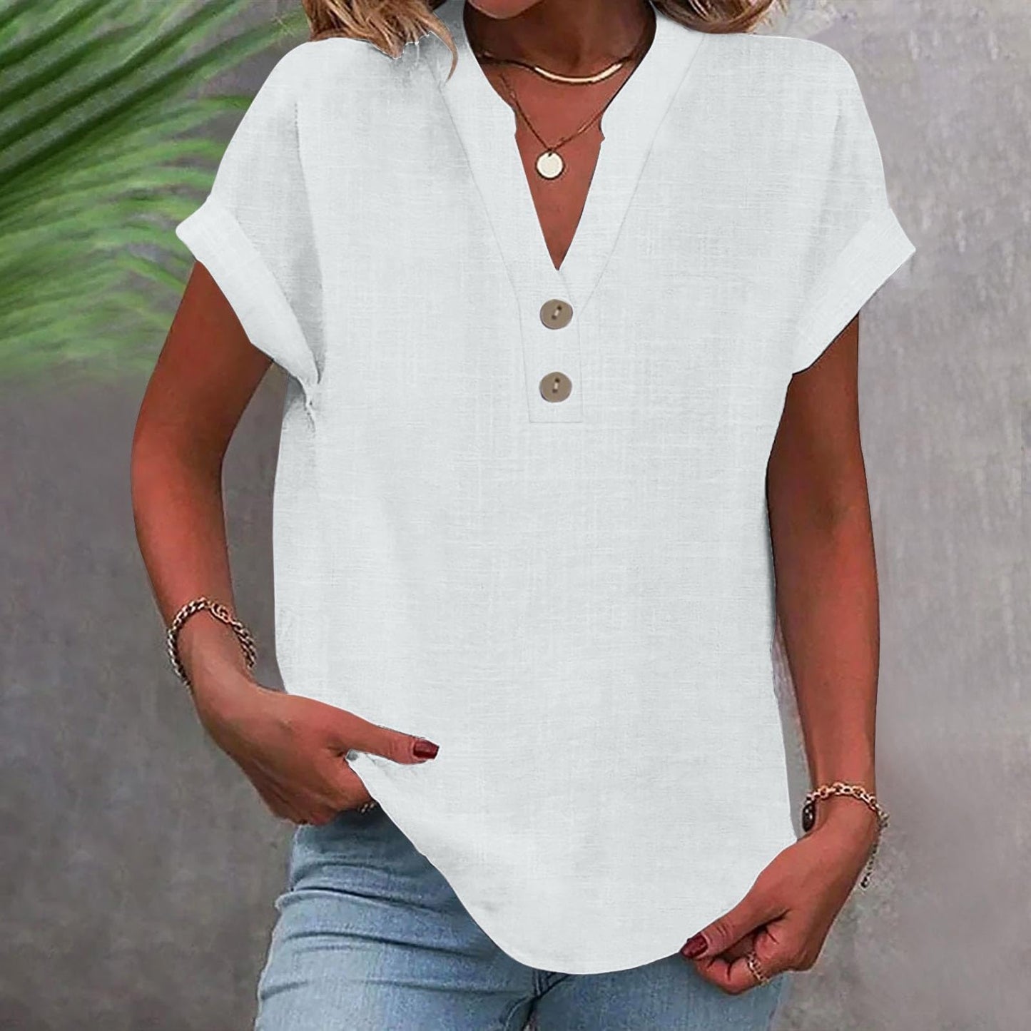 Big Spring Deals Summer Tops for Women 2025 Trendy Short Sleeve Cotton Linen Shirt Casual Button v Neck Tunic Blouses Outfits White Travel Shirts for Women M