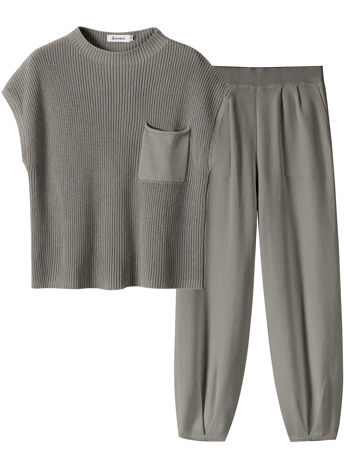 ANRABESS Women's Two Piece Outfits Knit Sweater Vest Crop Top Pants Lounge Matching Tracksuit Sweatsuit Travel Clothes Sets Pink X-Small