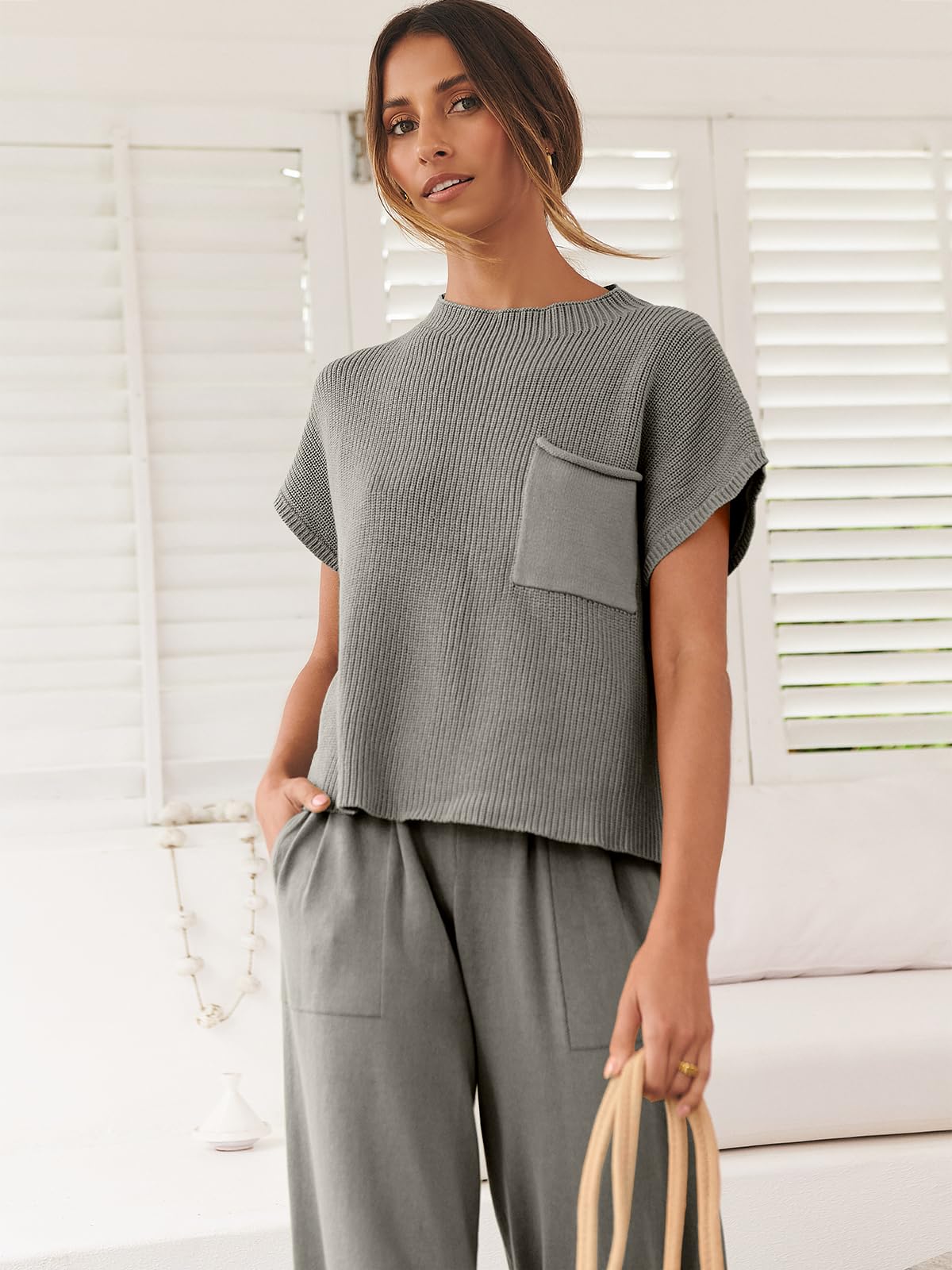 ANRABESS Women's Two Piece Outfits Knit Sweater Vest Crop Top Pants Lounge Matching Tracksuit Sweatsuit Travel Clothes Sets Pink X-Small