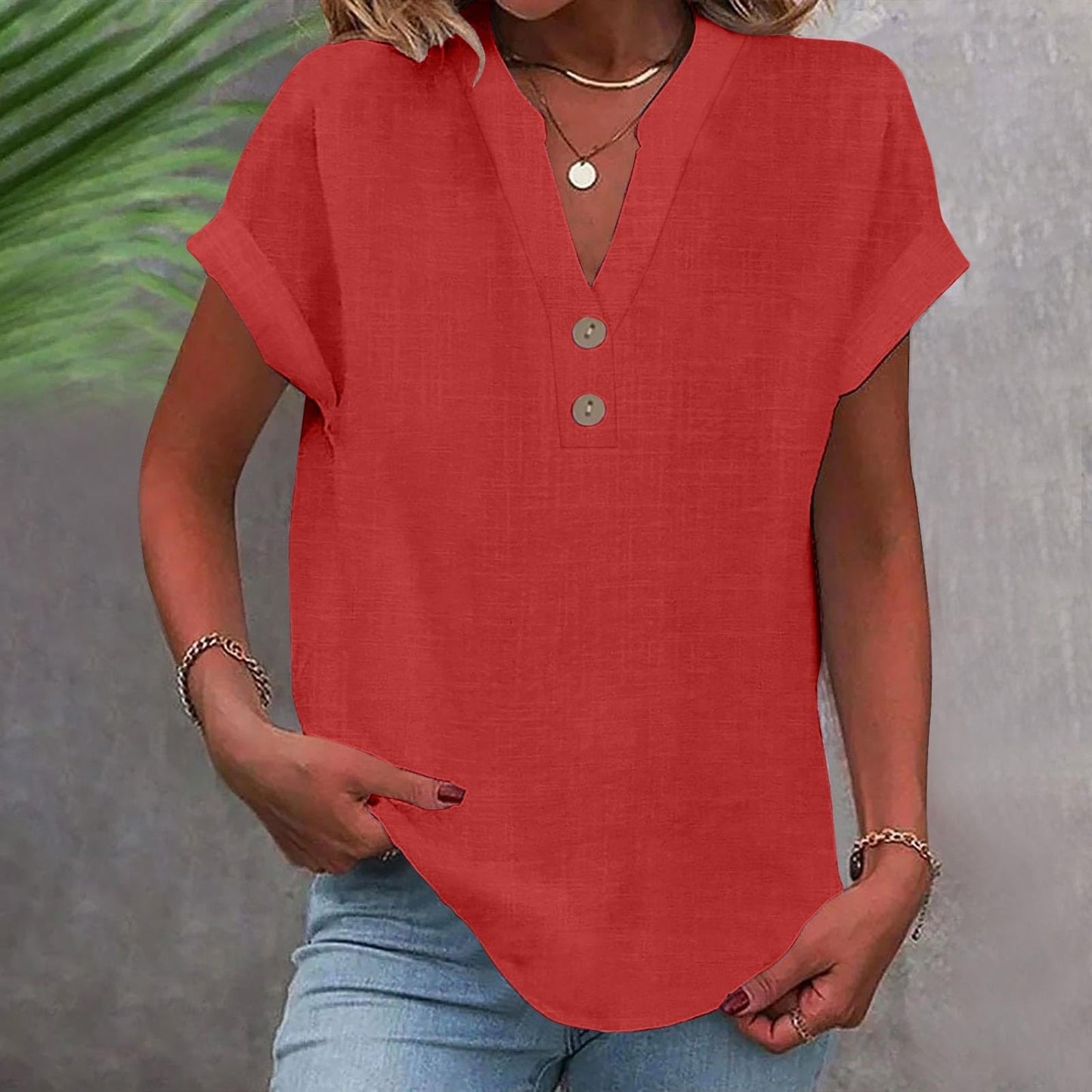 Big Spring Deals Summer Tops for Women 2025 Trendy Short Sleeve Cotton Linen Shirt Casual Button v Neck Tunic Blouses Outfits White Travel Shirts for Women M
