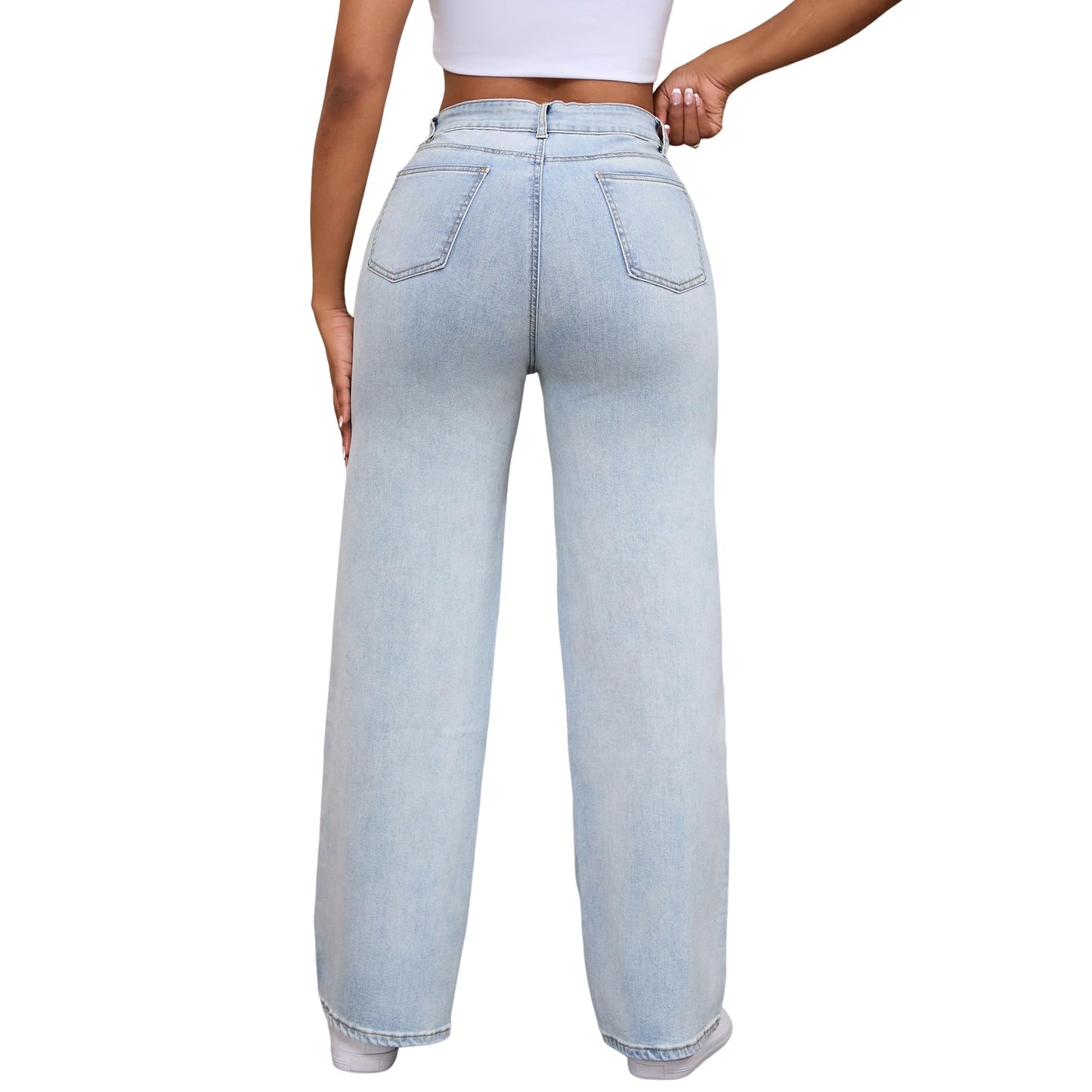 THUNDER STAR Womens High Waisted Wide Leg Jeans Stretchy Distressed Denim Pants Light Blue XXL