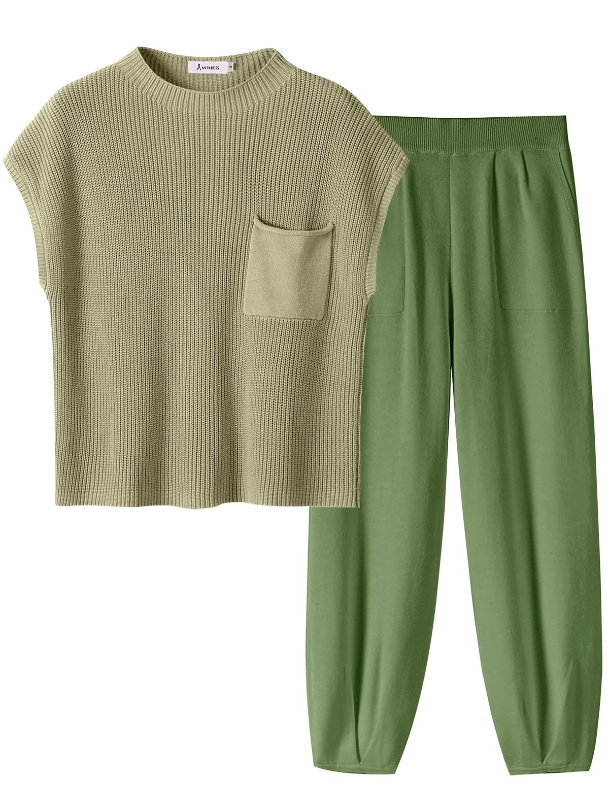 ANRABESS Women's Two Piece Outfits Knit Sweater Vest Crop Top Pants Lounge Matching Tracksuit Sweatsuit Travel Clothes Sets Pink X-Small