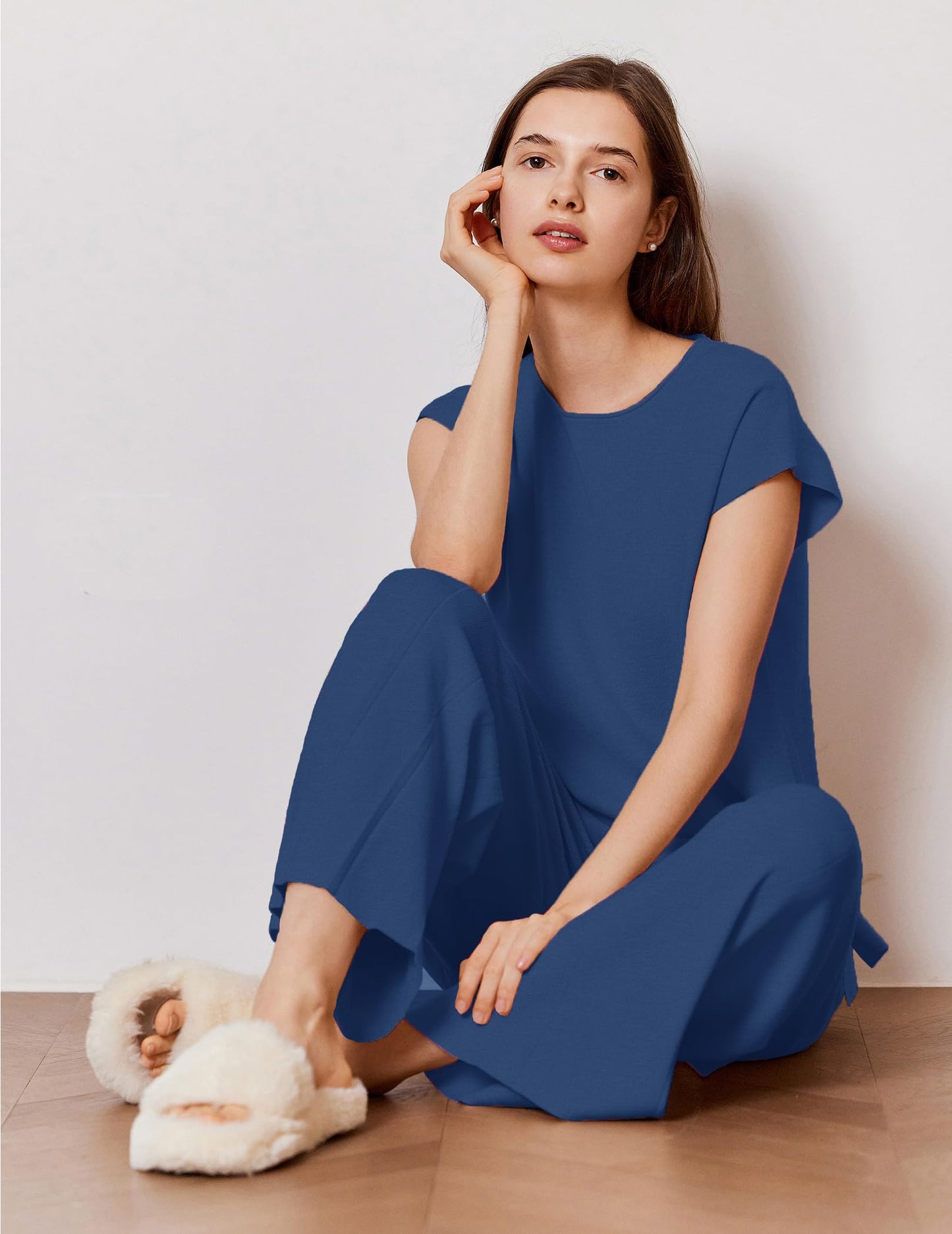 Ekouaer Lounge Sets for Women Two Piece Outfits Knit Cap Sleeve Tops Wide Leg Pleated Pants Casual Dressy Sweater Sets Beige