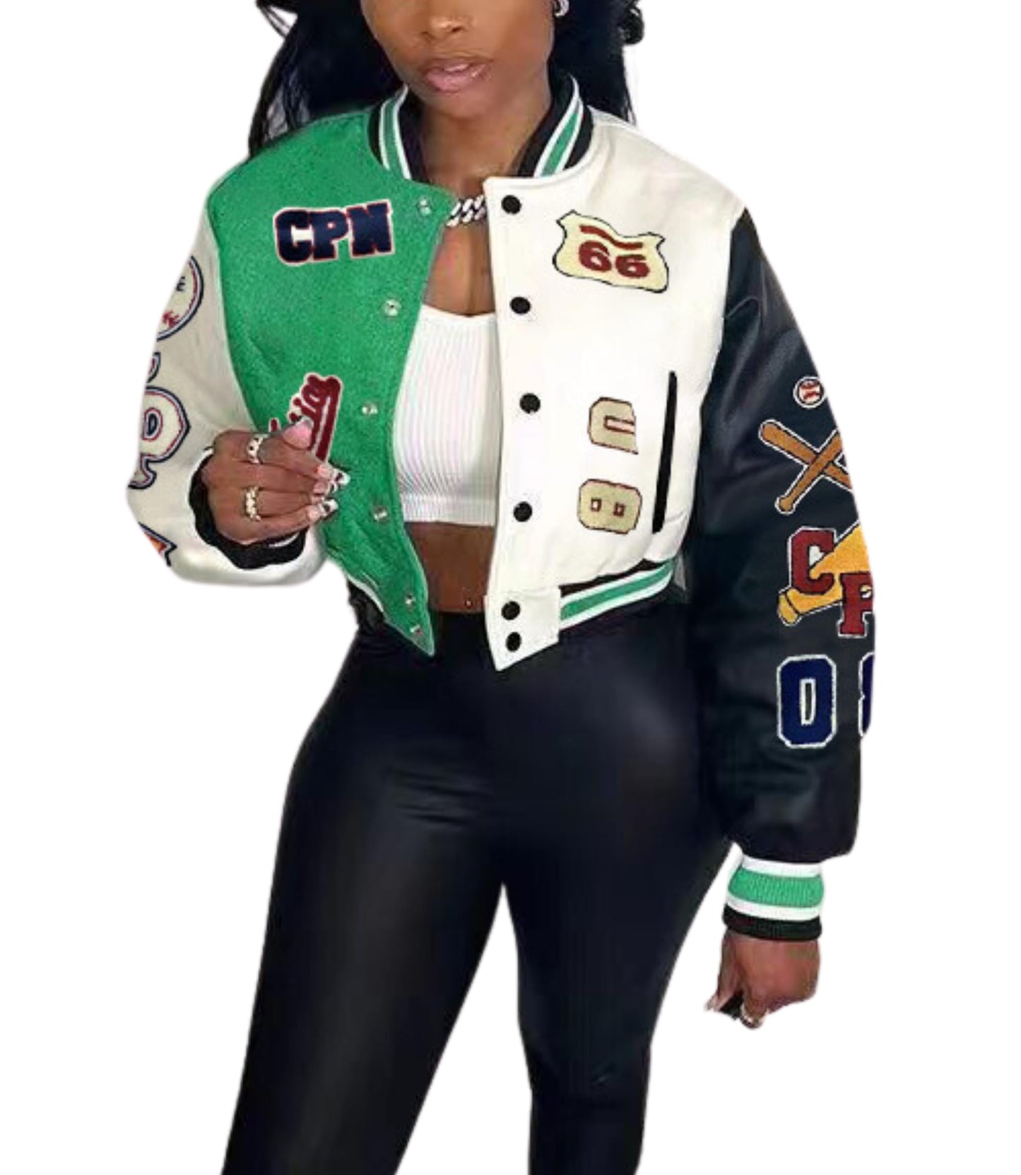 Glitrandi Varsity Jacket for Women Jacket with Patches Cropped Bomber Leather Jacket Woman Winter Spring 2025 S-XXL