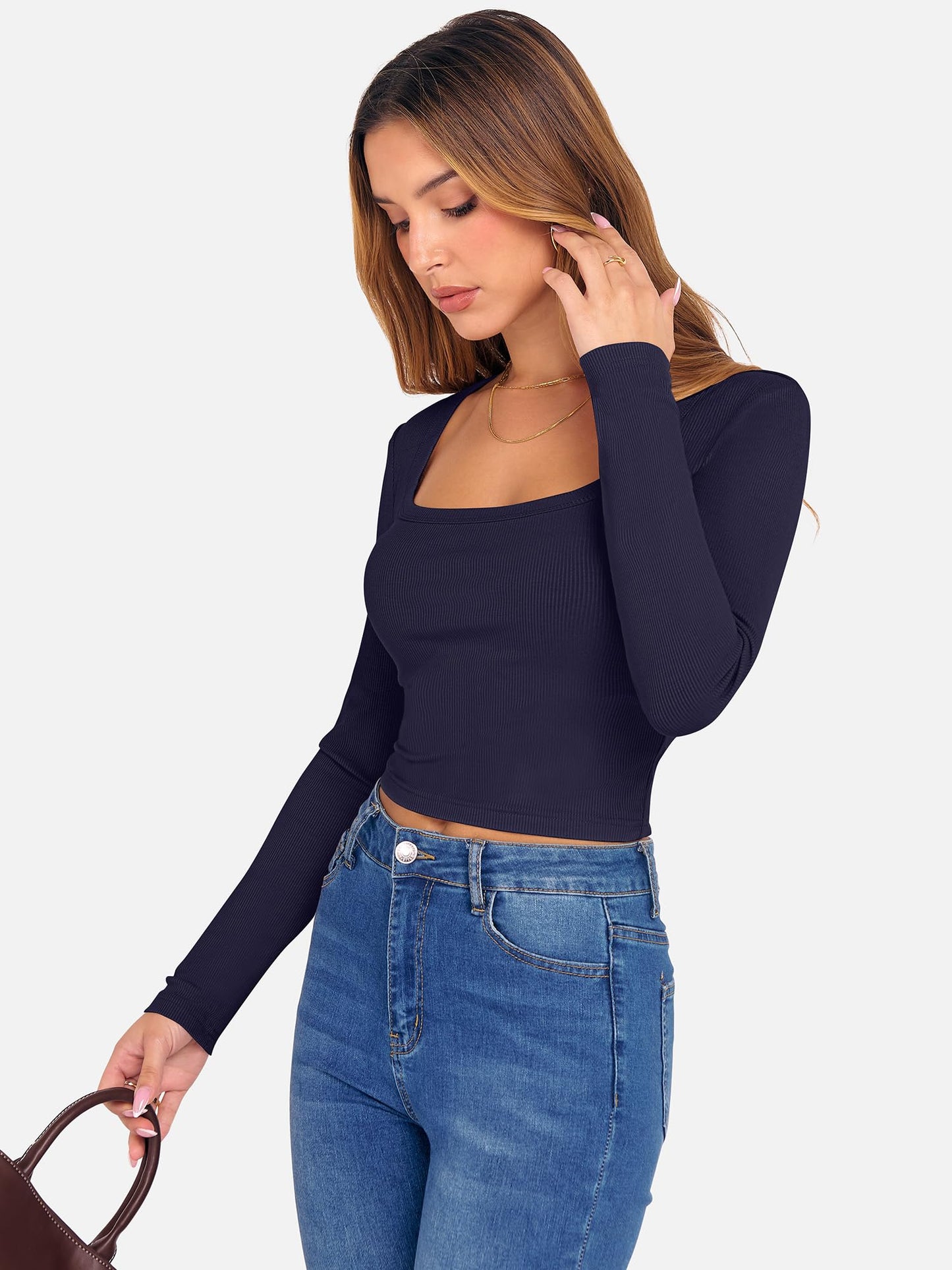 ANRABESS Women's Long Sleeve Crop Top Square Neck Ribbed Slim Fitted Shirts Casual Workout Basic Tees 2025 Fall Y2k Clothes Khaki Small