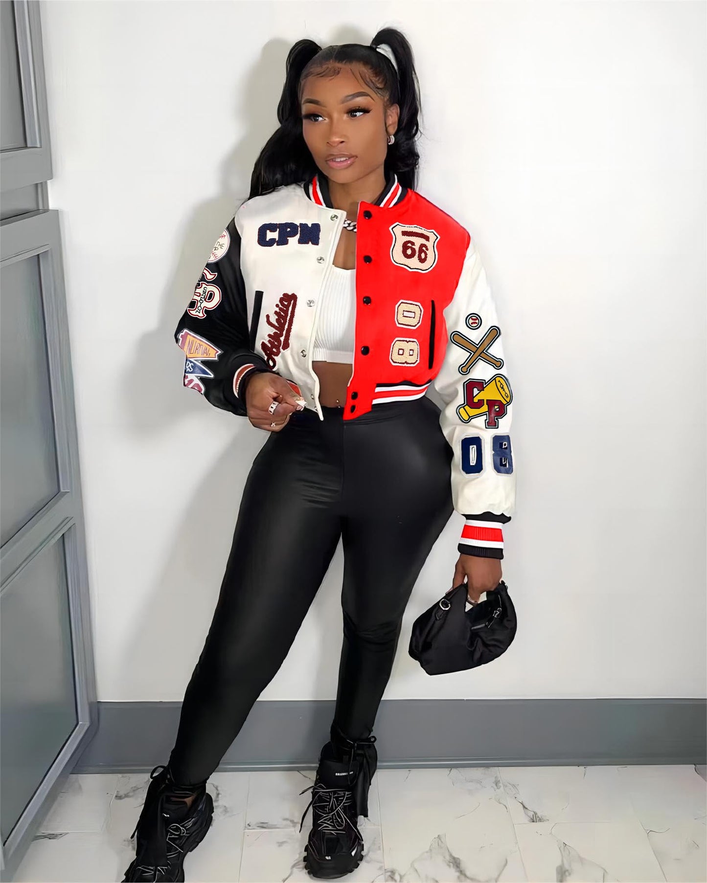 Glitrandi Varsity Jacket for Women Jacket with Patches Cropped Bomber Leather Jacket Woman Winter Spring 2025 S-XXL