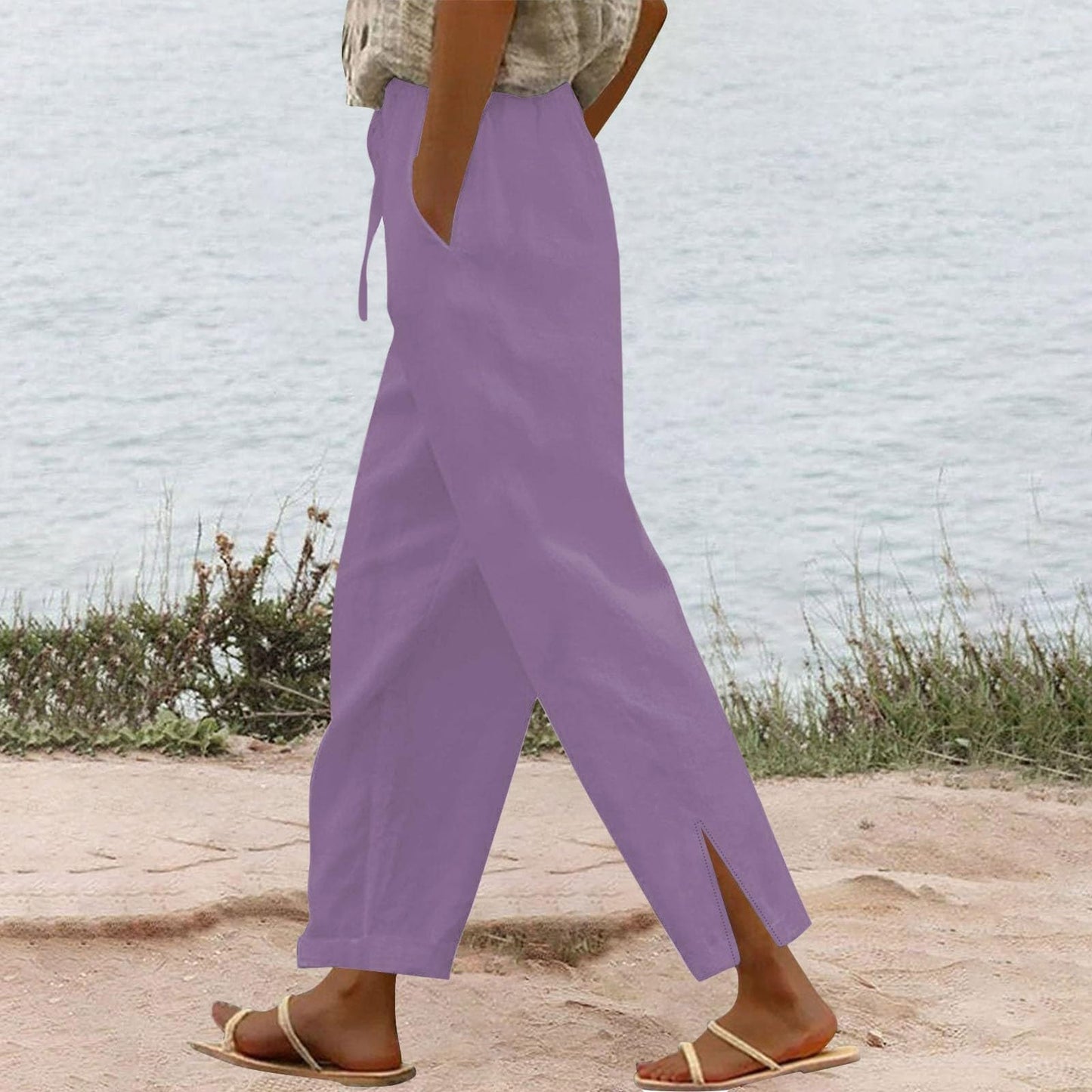 Womens Summer Pants Lightweight Casual Cotton Linen Pants for Women 2025 Summer Gauze Drawstring High Waisted Wide Leg Trousers Beach Vacation Clothes White XL