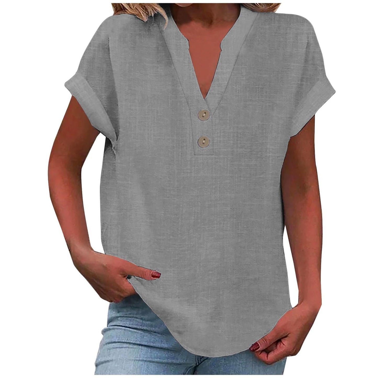 Big Spring Deals Summer Tops for Women 2025 Trendy Short Sleeve Cotton Linen Shirt Casual Button v Neck Tunic Blouses Outfits White Travel Shirts for Women M