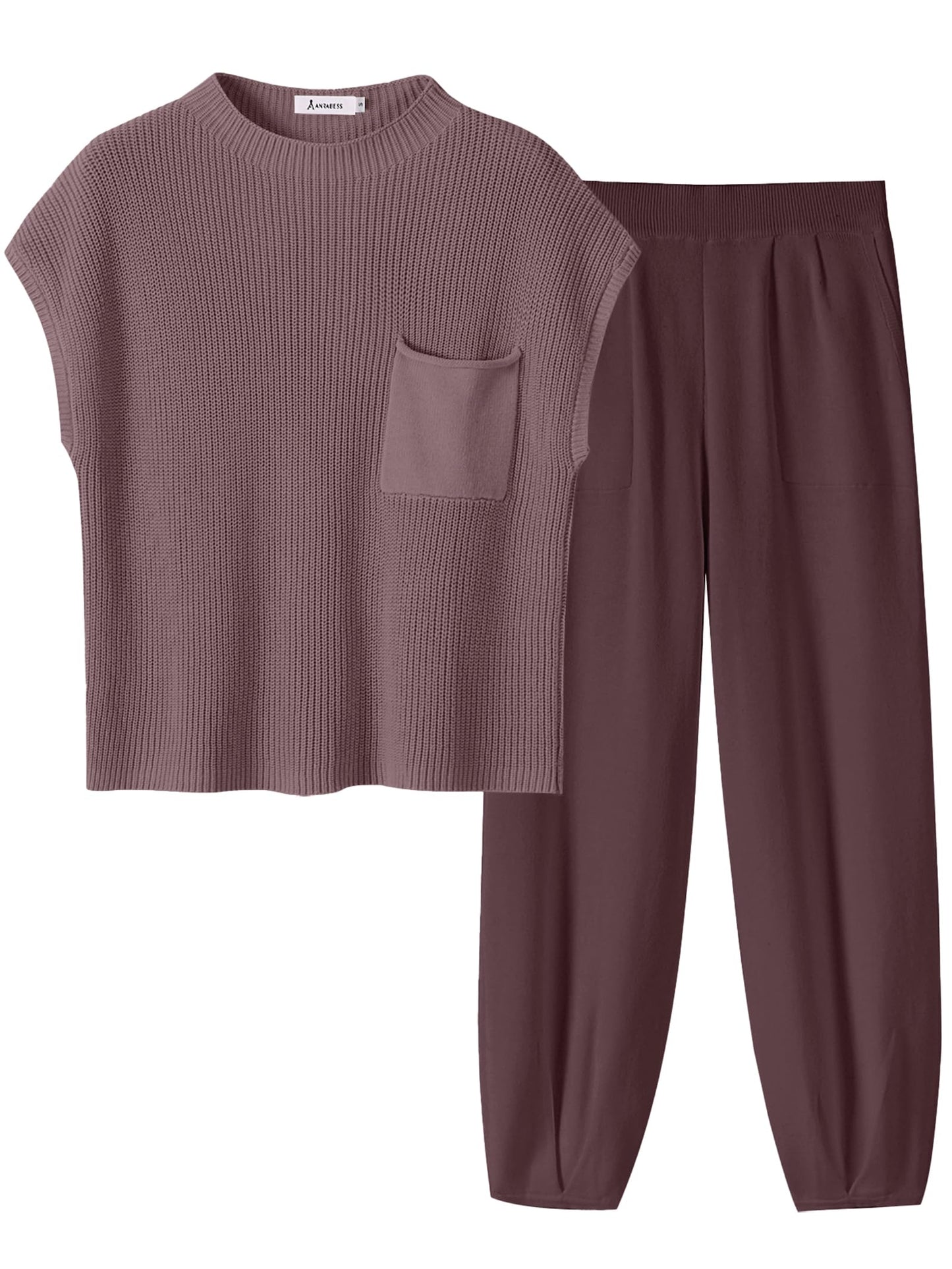 ANRABESS Women's Two Piece Outfits Knit Sweater Vest Crop Top Pants Lounge Matching Tracksuit Sweatsuit Travel Clothes Sets Pink X-Small