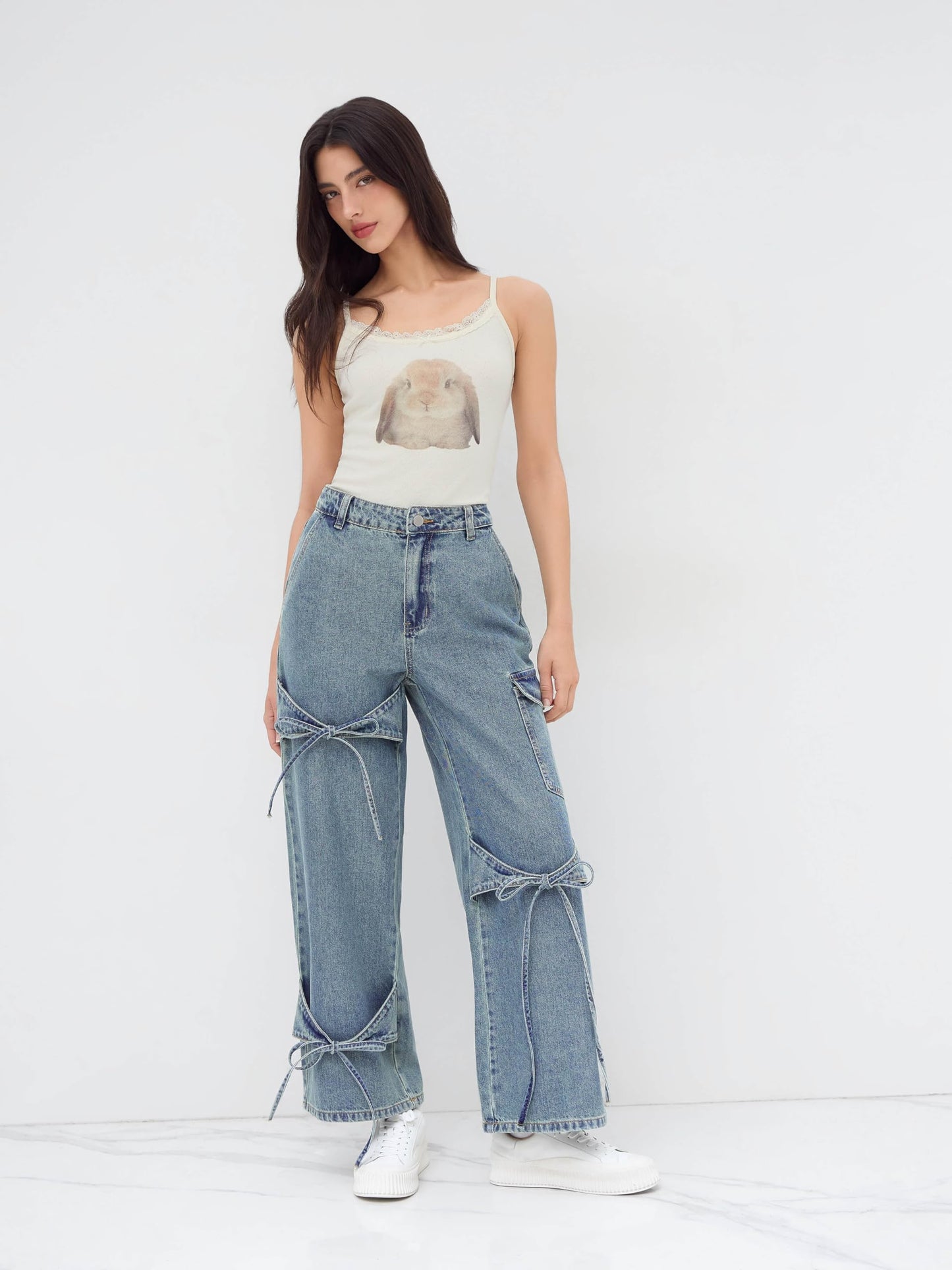 CIDER Baggy Jeans for Women Low Waisted Wide Straight Leg Bow Jeans Denim Pants Beige