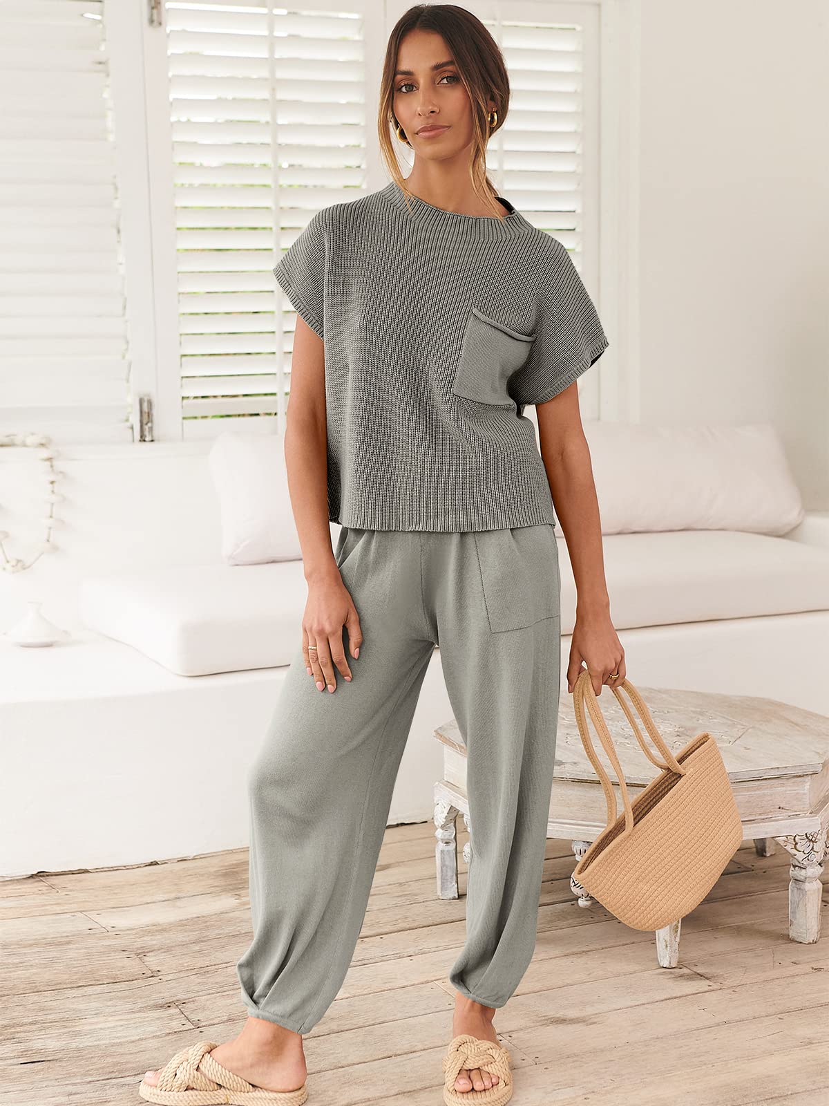 ANRABESS Women's Two Piece Outfits Knit Sweater Vest Crop Top Pants Lounge Matching Tracksuit Sweatsuit Travel Clothes Sets Pink X-Small