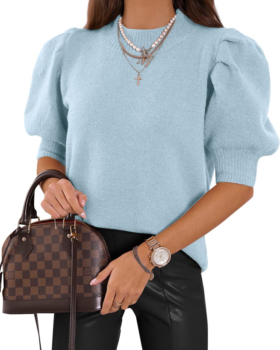 Women's Puff Short Sleeve Sweater Tops 2025 Spring Summer Trendy Crew Neck Casual T Shirts Blouses Beige