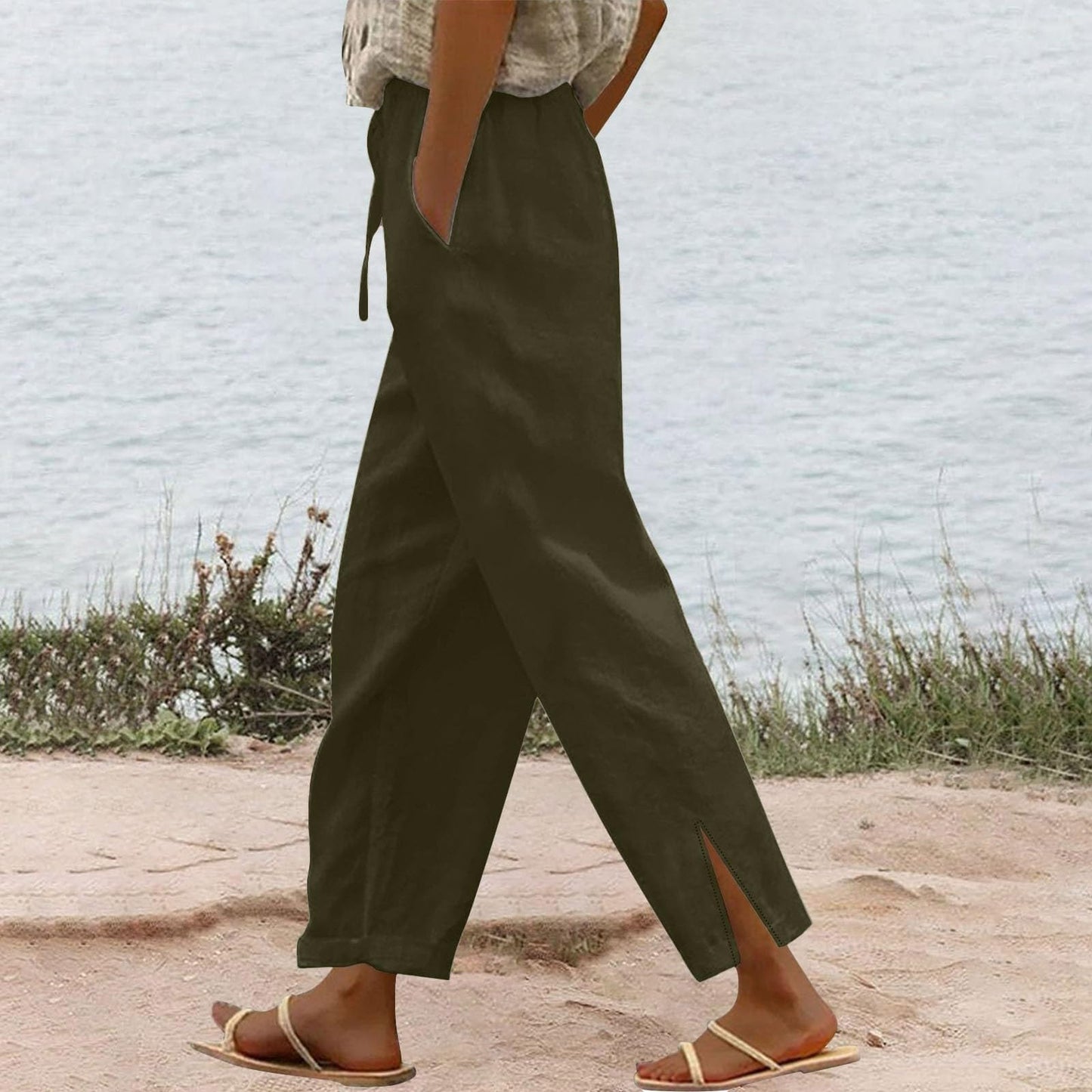 Womens Summer Pants Lightweight Casual Cotton Linen Pants for Women 2025 Summer Gauze Drawstring High Waisted Wide Leg Trousers Beach Vacation Clothes White XL