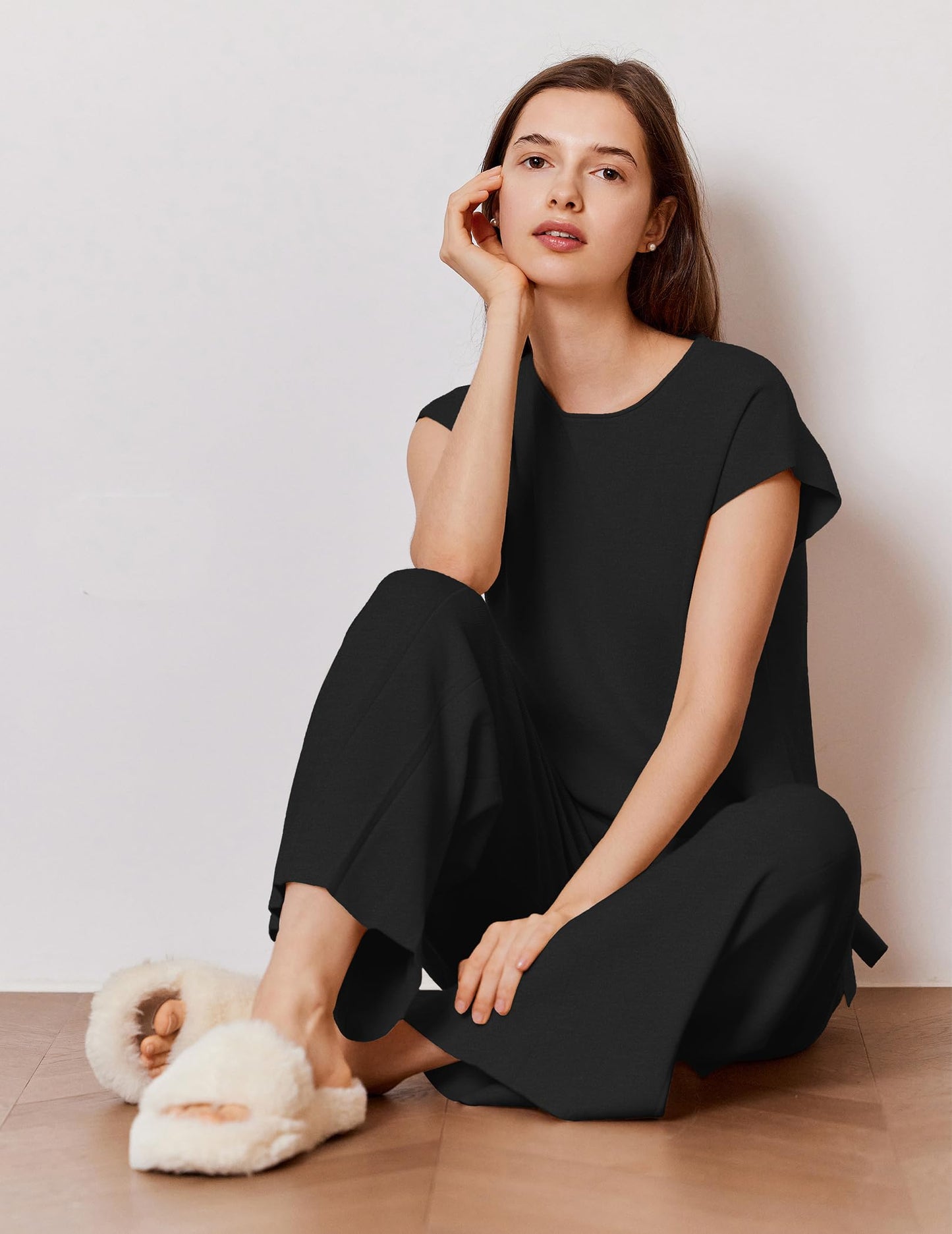 Ekouaer Lounge Sets for Women Two Piece Outfits Knit Cap Sleeve Tops Wide Leg Pleated Pants Casual Dressy Sweater Sets Beige