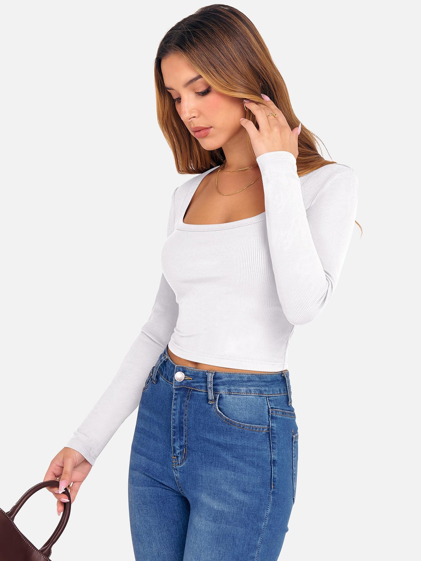 ANRABESS Women's Long Sleeve Crop Top Square Neck Ribbed Slim Fitted Shirts Casual Workout Basic Tees 2025 Fall Y2k Clothes Khaki Small