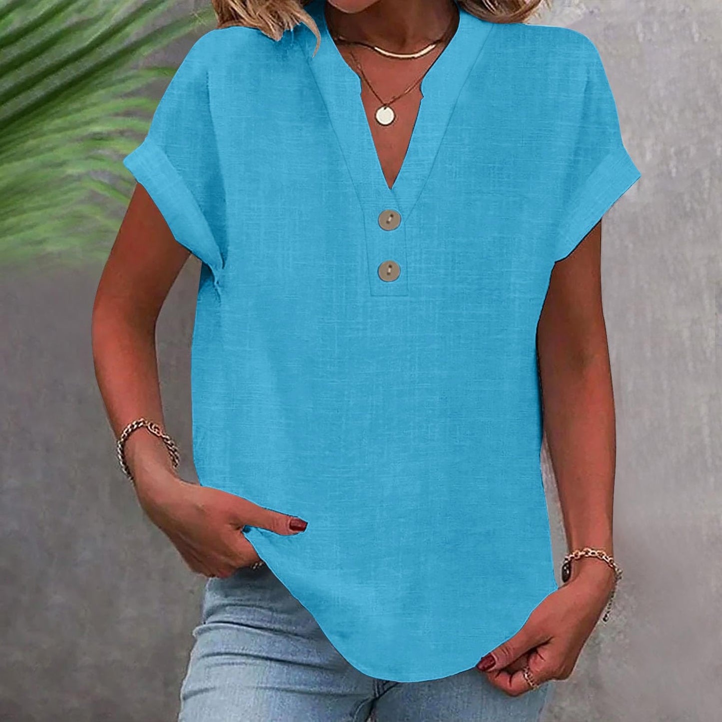 Big Spring Deals Summer Tops for Women 2025 Trendy Short Sleeve Cotton Linen Shirt Casual Button v Neck Tunic Blouses Outfits White Travel Shirts for Women M