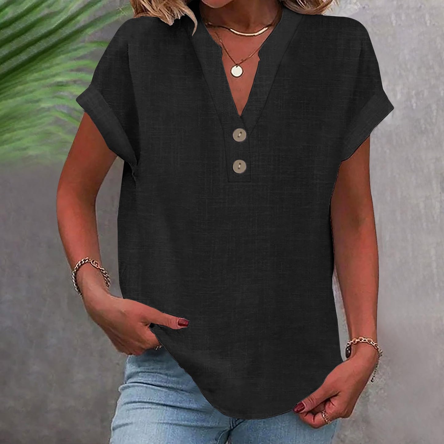 Big Spring Deals Summer Tops for Women 2025 Trendy Short Sleeve Cotton Linen Shirt Casual Button v Neck Tunic Blouses Outfits White Travel Shirts for Women M