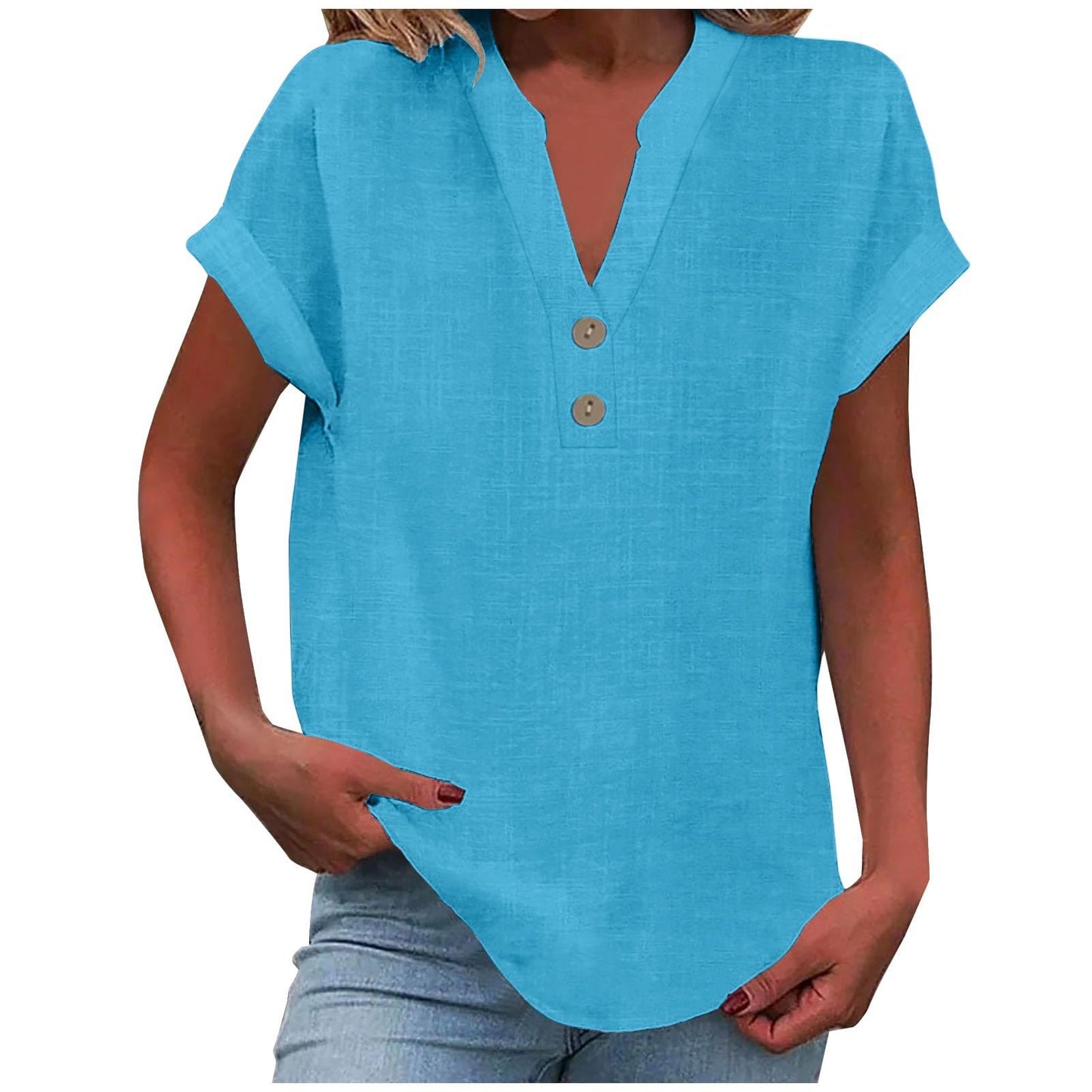 Big Spring Deals Summer Tops for Women 2025 Trendy Short Sleeve Cotton Linen Shirt Casual Button v Neck Tunic Blouses Outfits White Travel Shirts for Women M