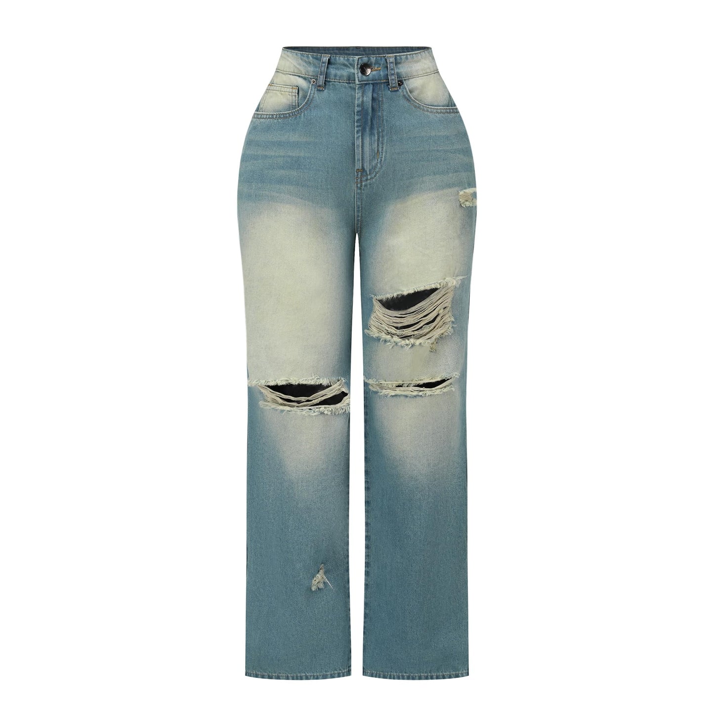 THUNDER STAR Womens High Waisted Wide Leg Jeans Stretchy Distressed Denim Pants Light Blue XXL