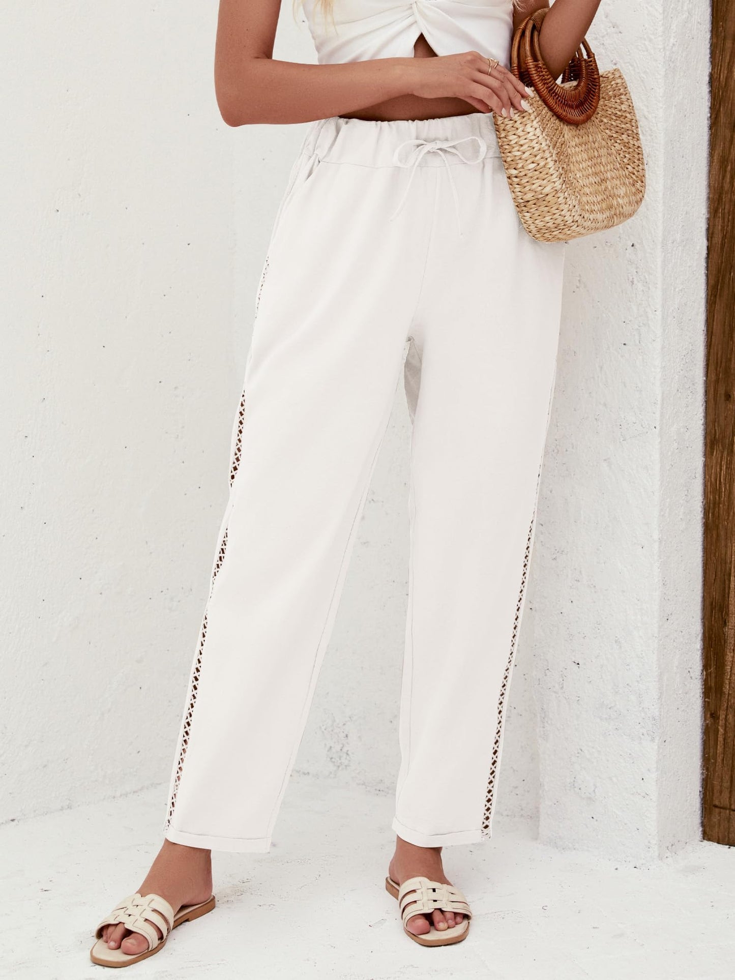 Puimentiua Women's Linen Capri Pants with Drawstring Petite Summer Beachwear Lightweight Elastic Waist Pants, Light Khaki, L