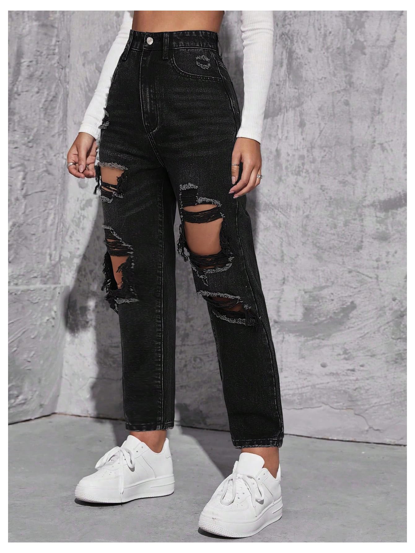 Floerns Women's High Waist Boyfriend Straight Leg Ripped Jeans Distressed Denim Pants Light Blue Large