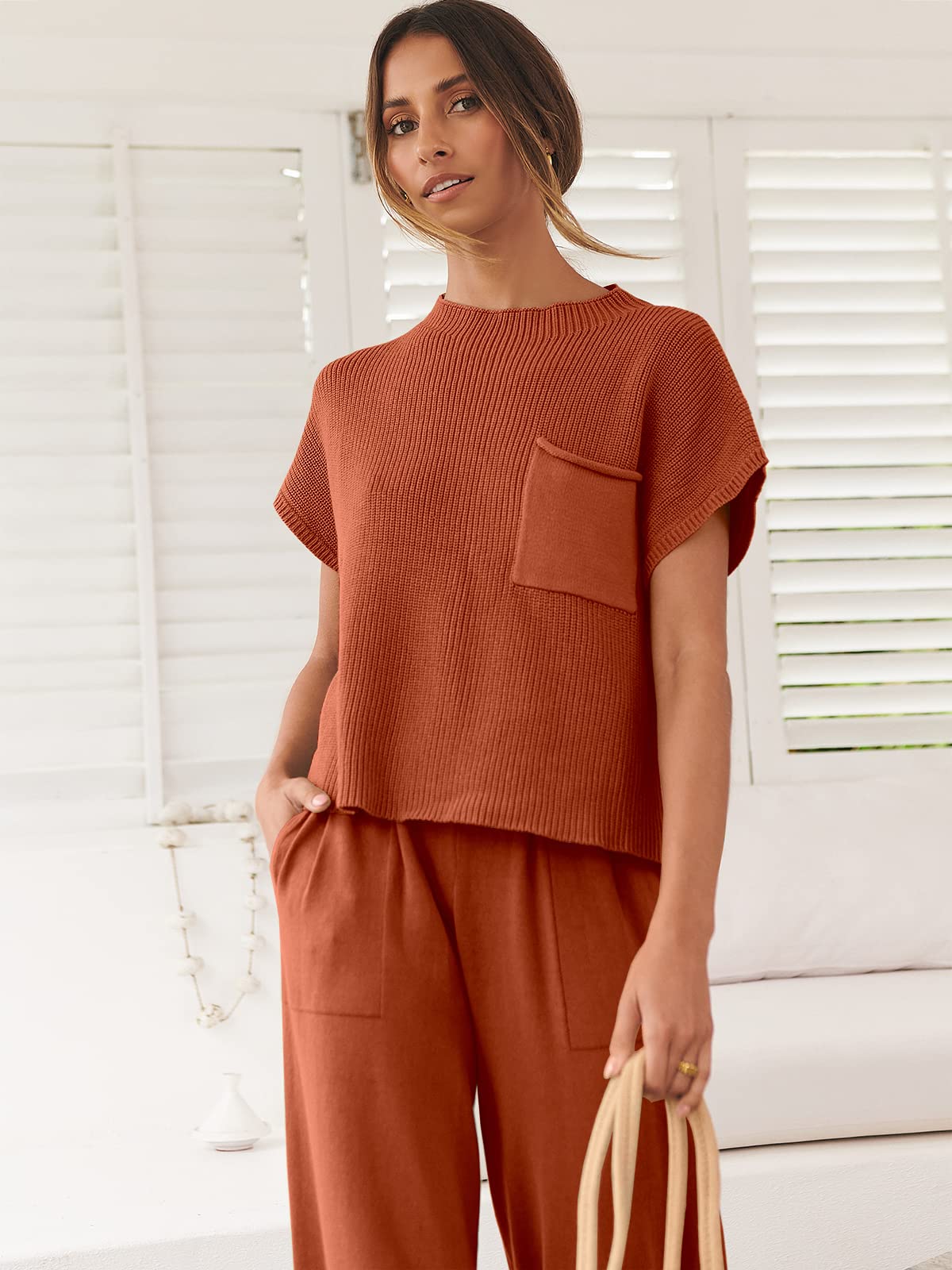 ANRABESS Women's Two Piece Outfits Knit Sweater Vest Crop Top Pants Lounge Matching Tracksuit Sweatsuit Travel Clothes Sets Pink X-Small