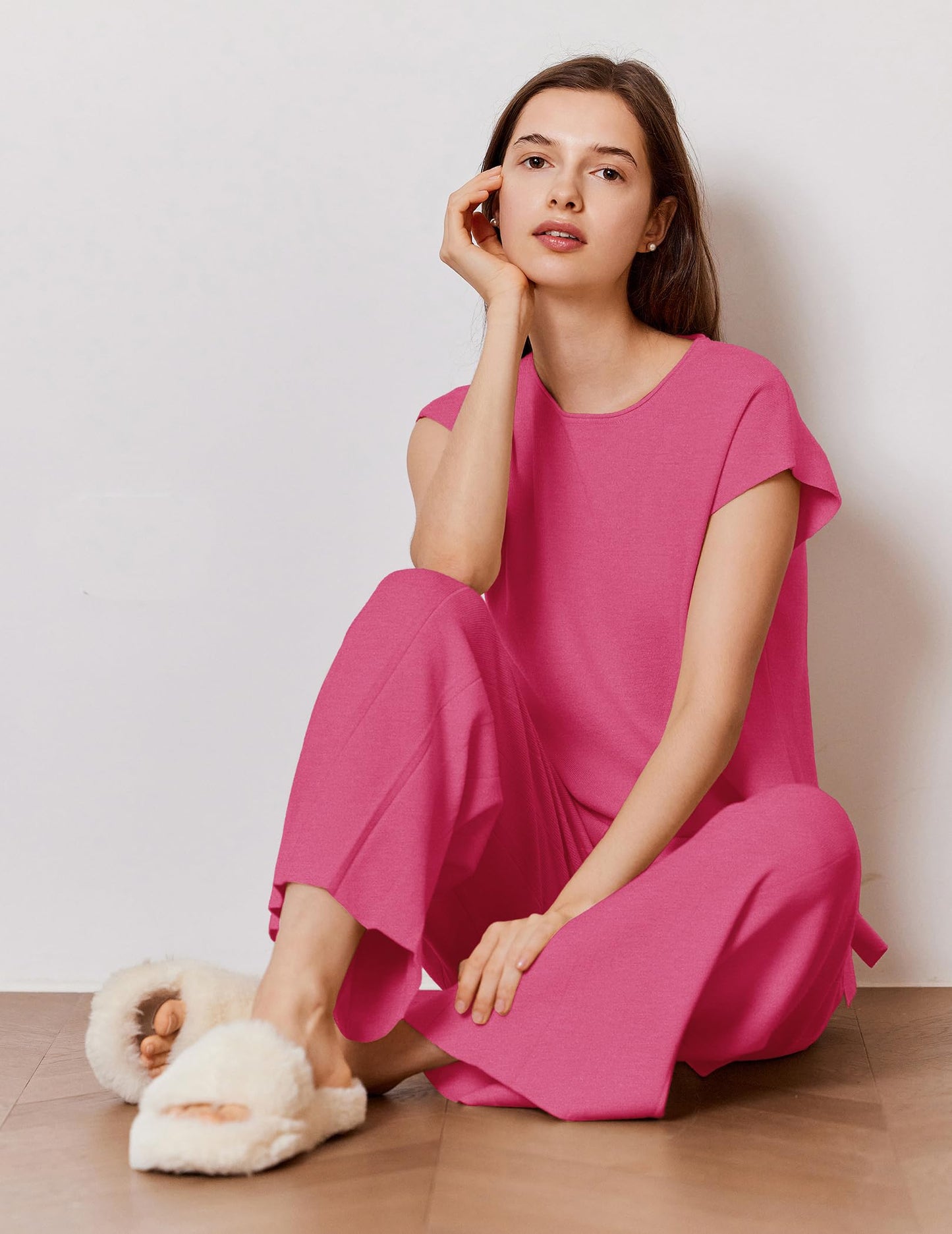 Ekouaer Lounge Sets for Women Two Piece Outfits Knit Cap Sleeve Tops Wide Leg Pleated Pants Casual Dressy Sweater Sets Beige