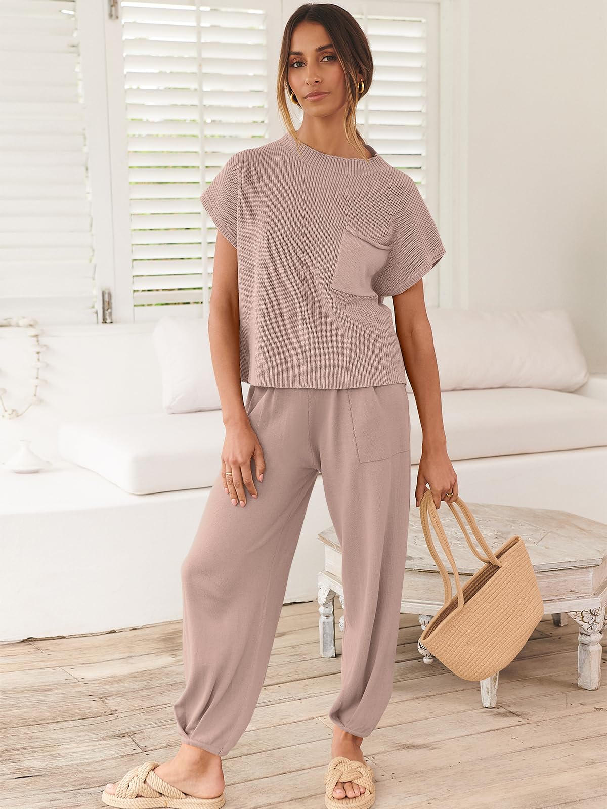 ANRABESS Women's Two Piece Outfits Knit Sweater Vest Crop Top Pants Lounge Matching Tracksuit Sweatsuit Travel Clothes Sets Pink X-Small