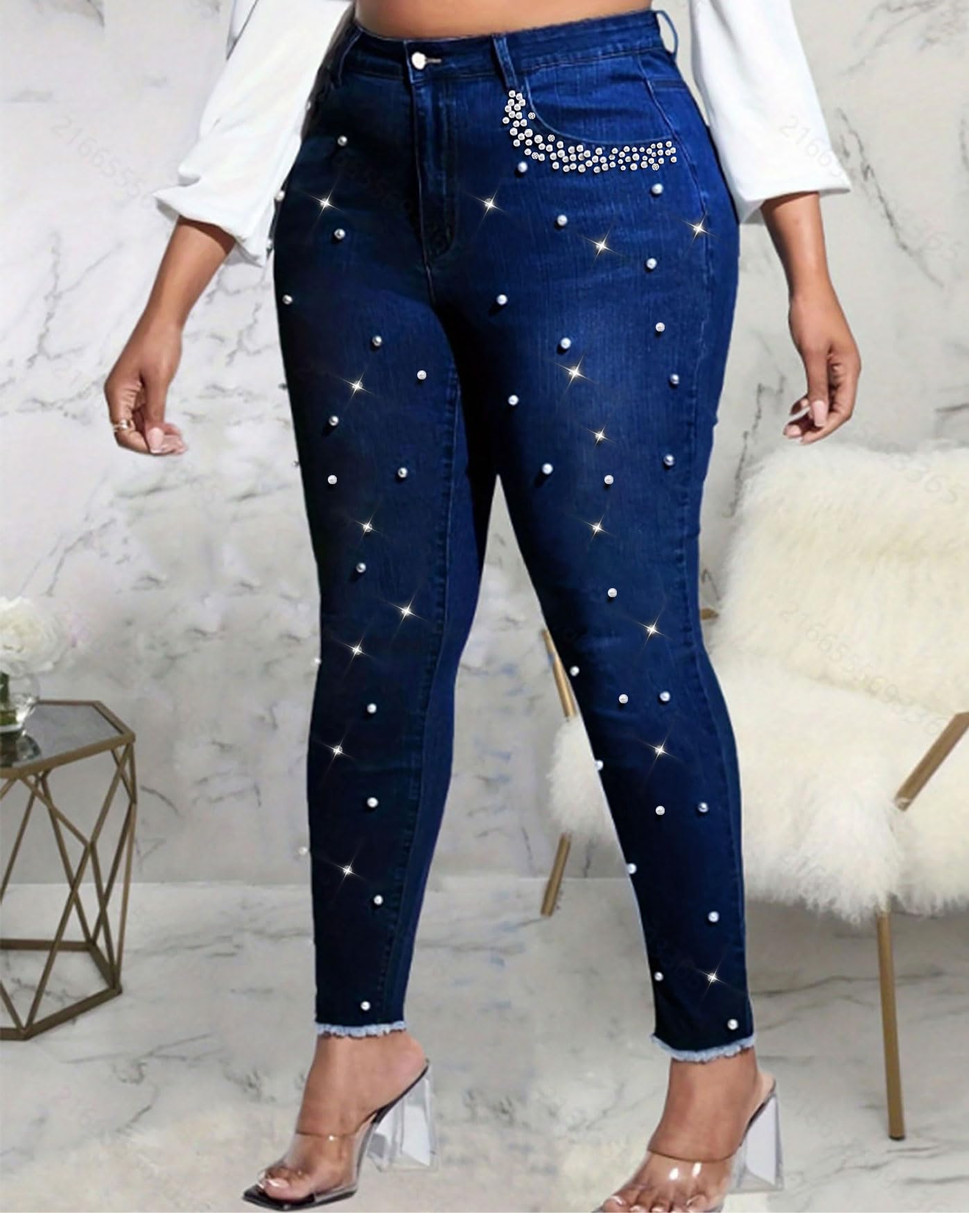 Cyparel Women's Rhinestone Jeans High Waist Pearls Beaded Fringe Tassels Frayed Butt Lifting Stretch Skinny Denim Pants Light Blue