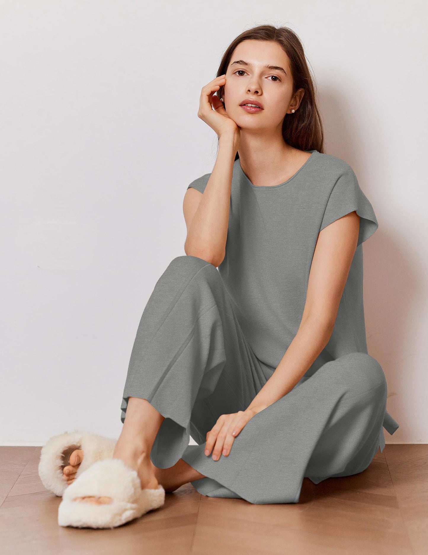 Ekouaer Lounge Sets for Women Two Piece Outfits Knit Cap Sleeve Tops Wide Leg Pleated Pants Casual Dressy Sweater Sets Beige