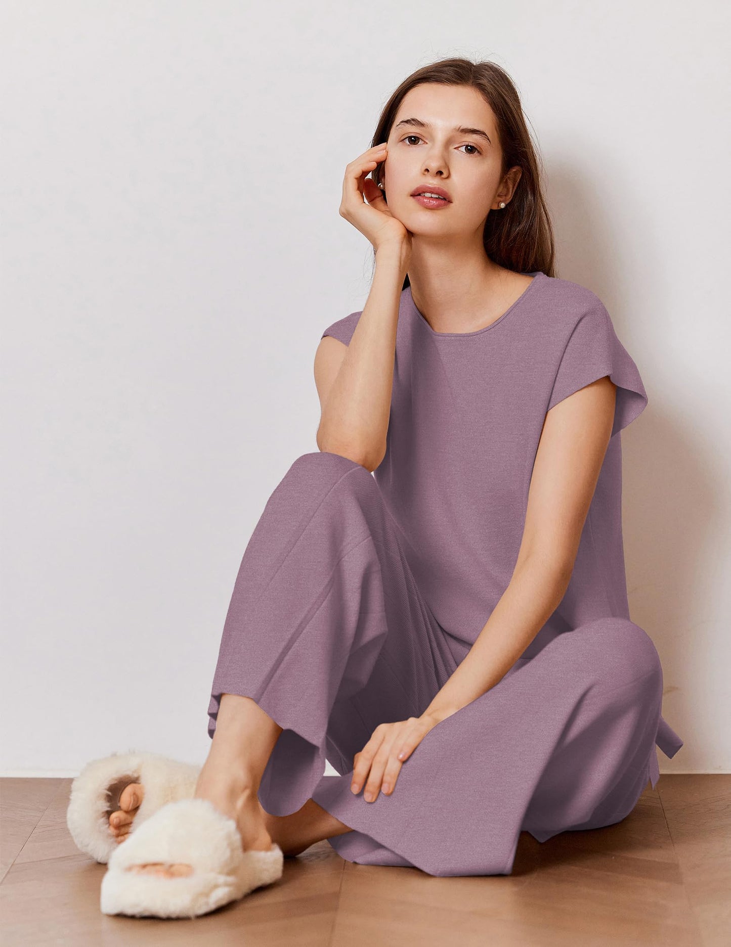 Ekouaer Lounge Sets for Women Two Piece Outfits Knit Cap Sleeve Tops Wide Leg Pleated Pants Casual Dressy Sweater Sets Beige