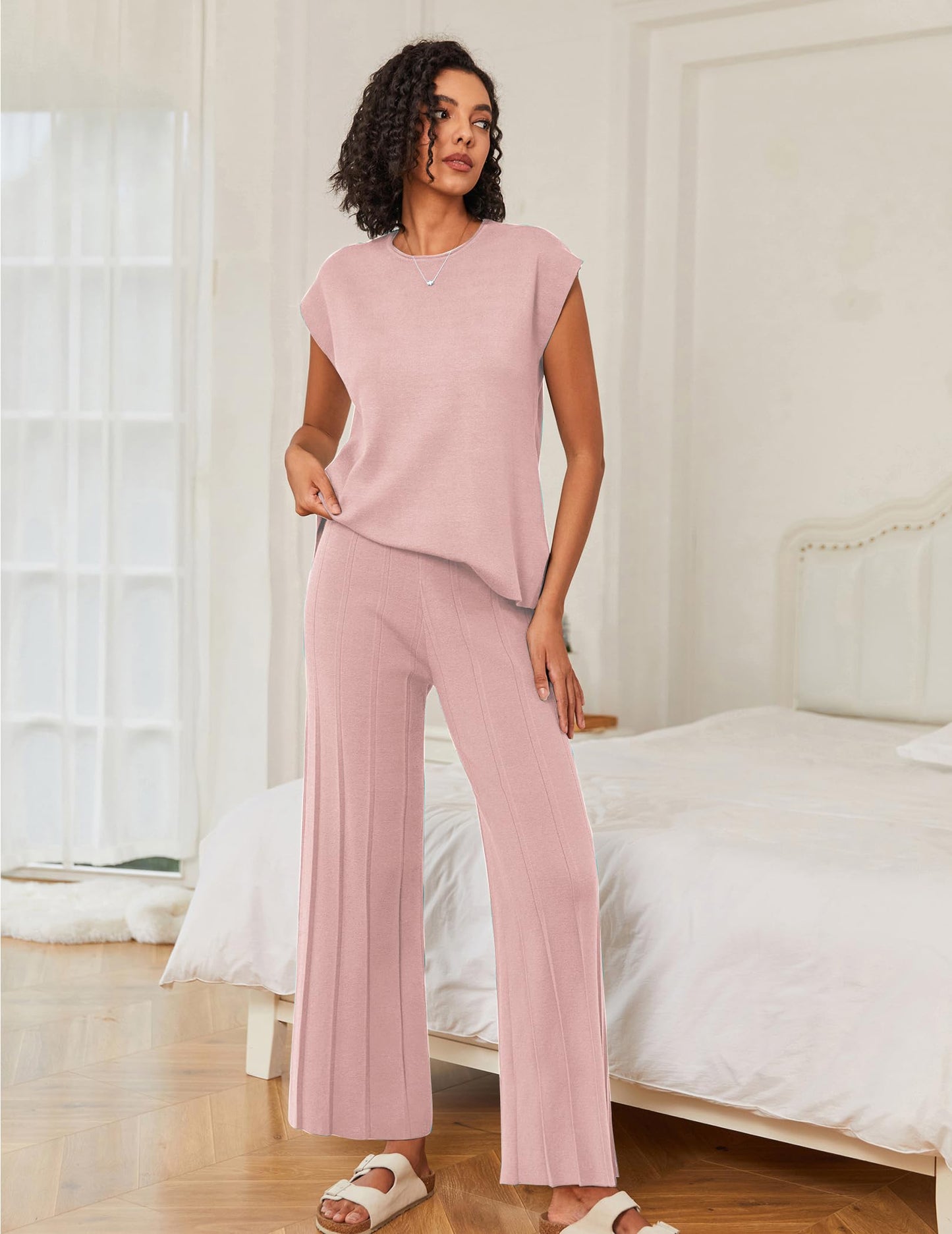 Ekouaer Lounge Sets for Women Two Piece Outfits Knit Cap Sleeve Tops Wide Leg Pleated Pants Casual Dressy Sweater Sets Beige