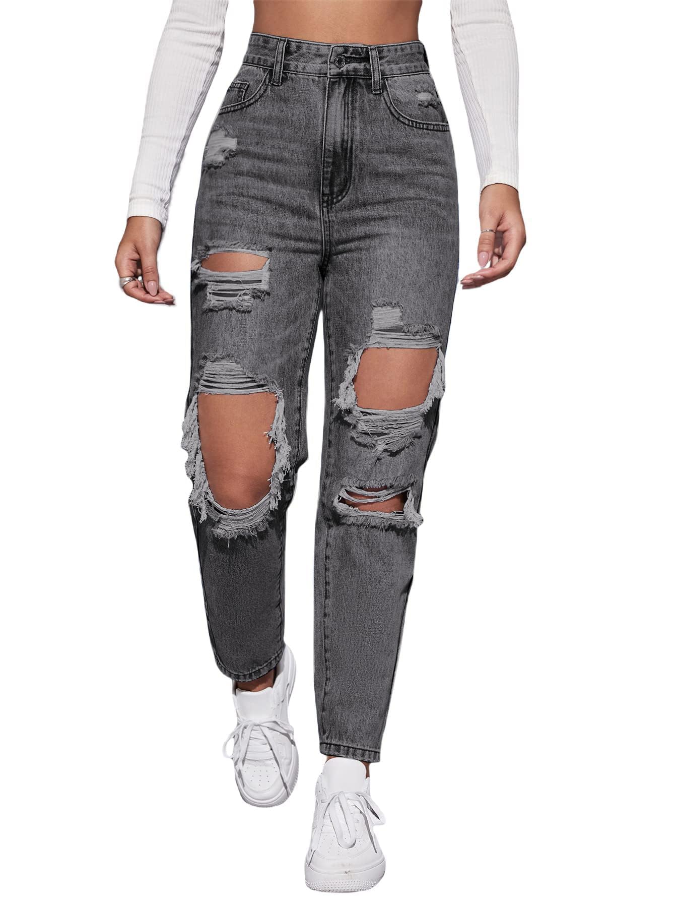 Floerns Women's High Waist Boyfriend Straight Leg Ripped Jeans Distressed Denim Pants Light Blue Large