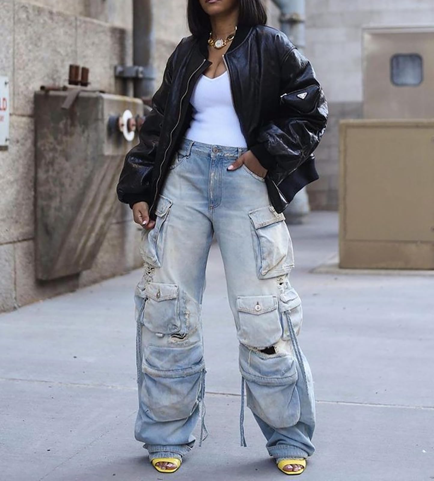 LKOUS Women's Y2K Baggy Straight Wide Leg Cargo Jeans, Streetwear High Waisted Denim Pant Grey