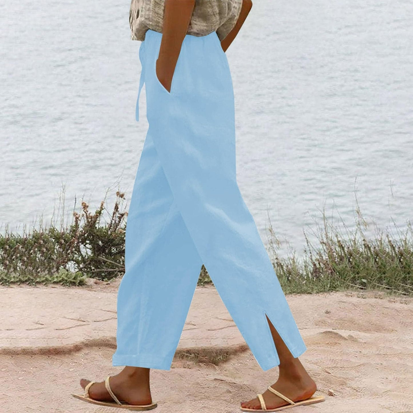 Womens Summer Pants Lightweight Casual Cotton Linen Pants for Women 2025 Summer Gauze Drawstring High Waisted Wide Leg Trousers Beach Vacation Clothes White XL