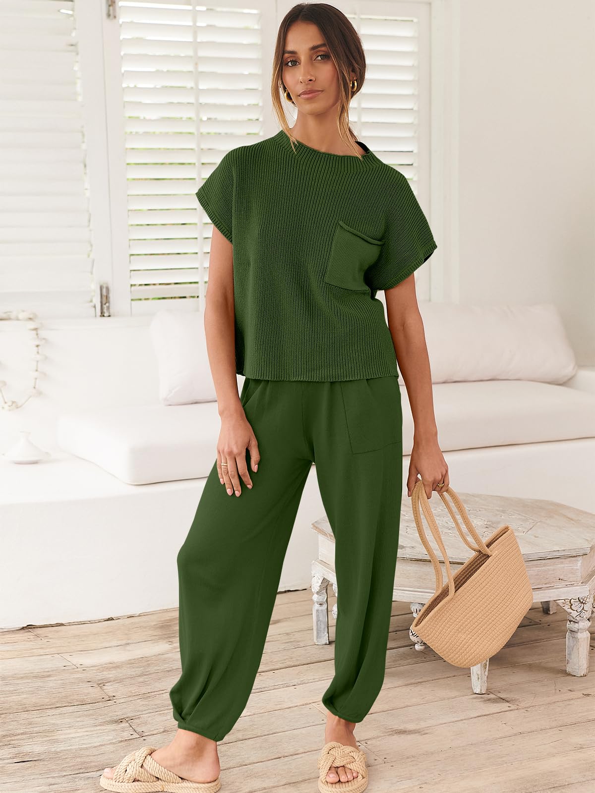 ANRABESS Women's Two Piece Outfits Knit Sweater Vest Crop Top Pants Lounge Matching Tracksuit Sweatsuit Travel Clothes Sets Pink X-Small