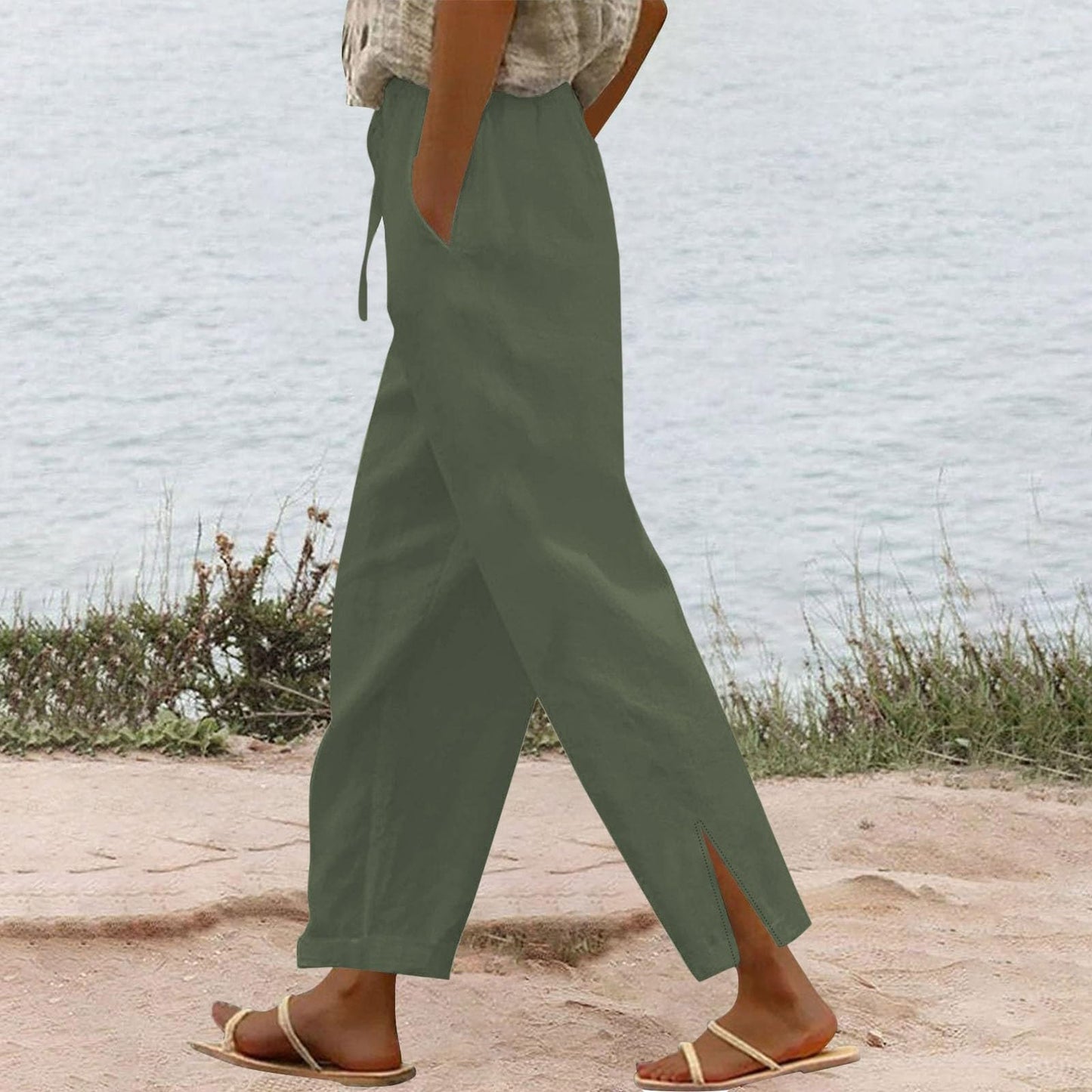 Womens Summer Pants Lightweight Casual Cotton Linen Pants for Women 2025 Summer Gauze Drawstring High Waisted Wide Leg Trousers Beach Vacation Clothes White XL