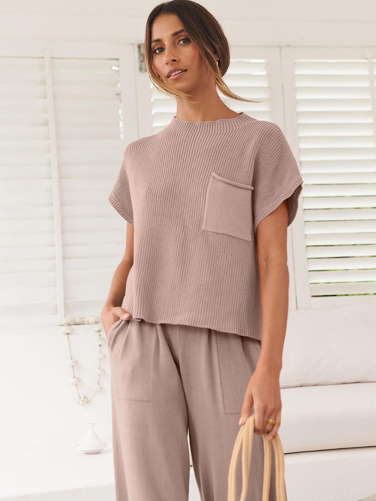 ANRABESS Women's Two Piece Outfits Knit Sweater Vest Crop Top Pants Lounge Matching Tracksuit Sweatsuit Travel Clothes Sets Pink X-Small