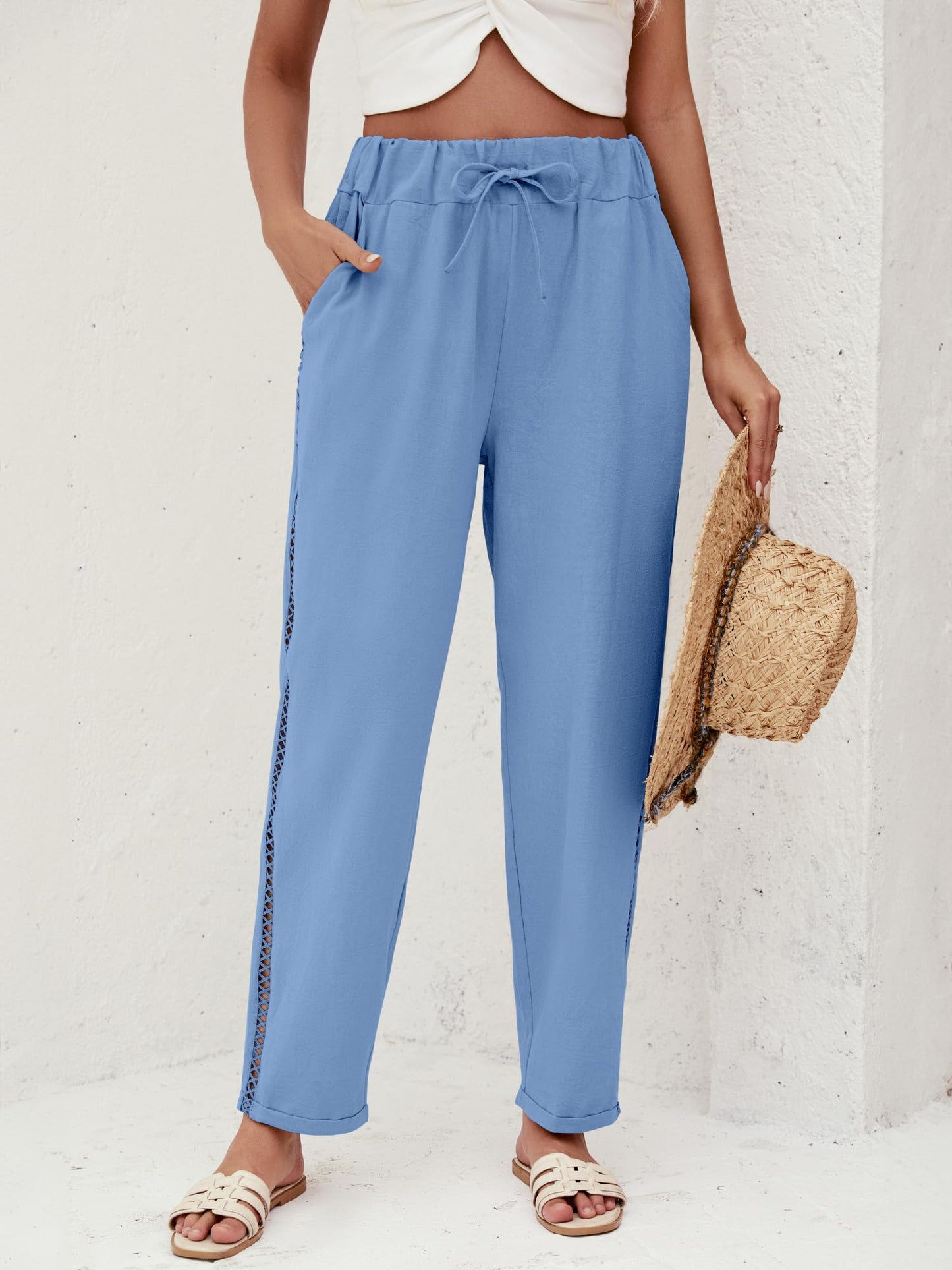 Puimentiua Women's Linen Capri Pants with Drawstring Petite Summer Beachwear Lightweight Elastic Waist Pants, Light Khaki, L