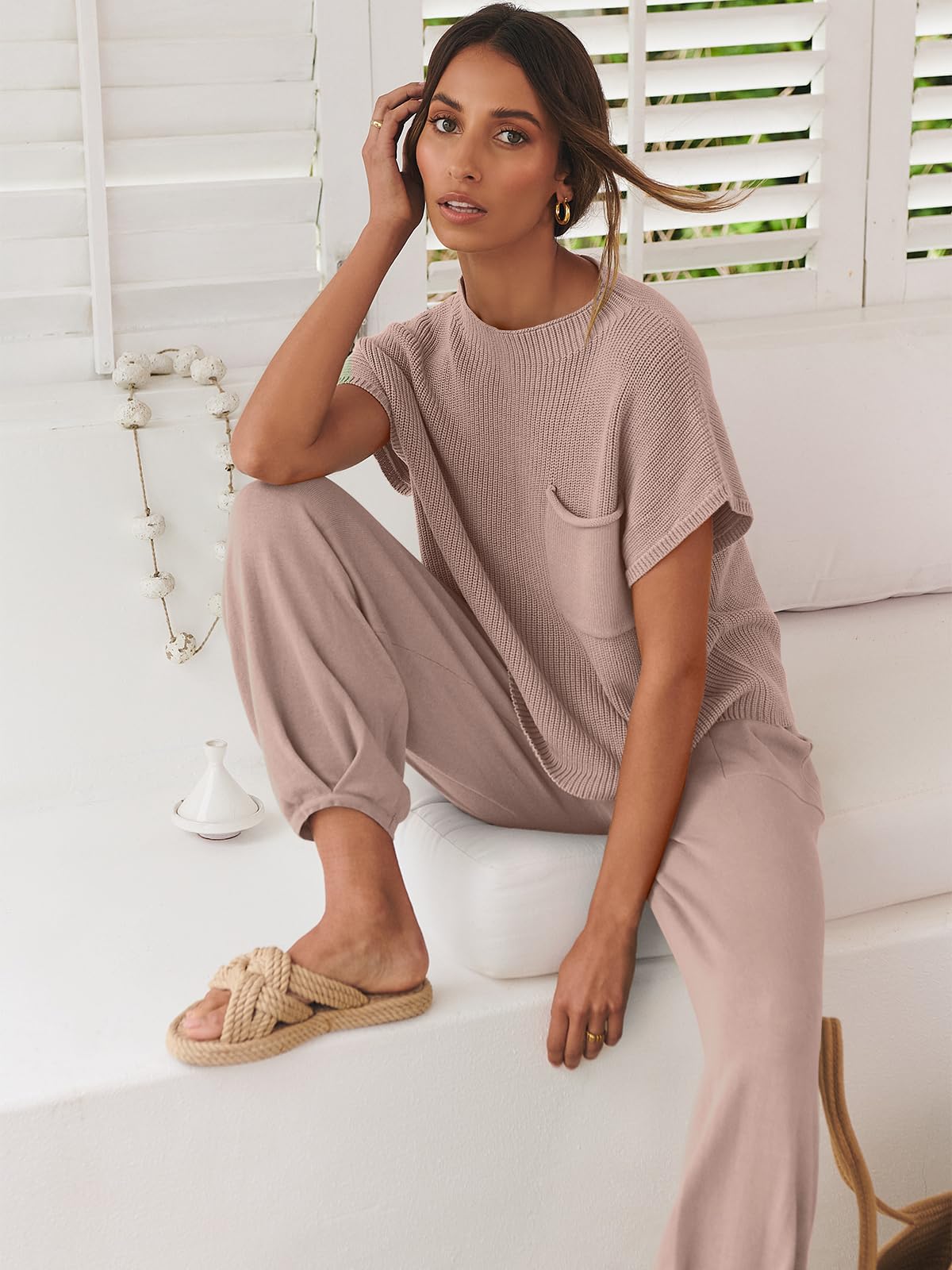 ANRABESS Women's Two Piece Outfits Knit Sweater Vest Crop Top Pants Lounge Matching Tracksuit Sweatsuit Travel Clothes Sets Pink X-Small
