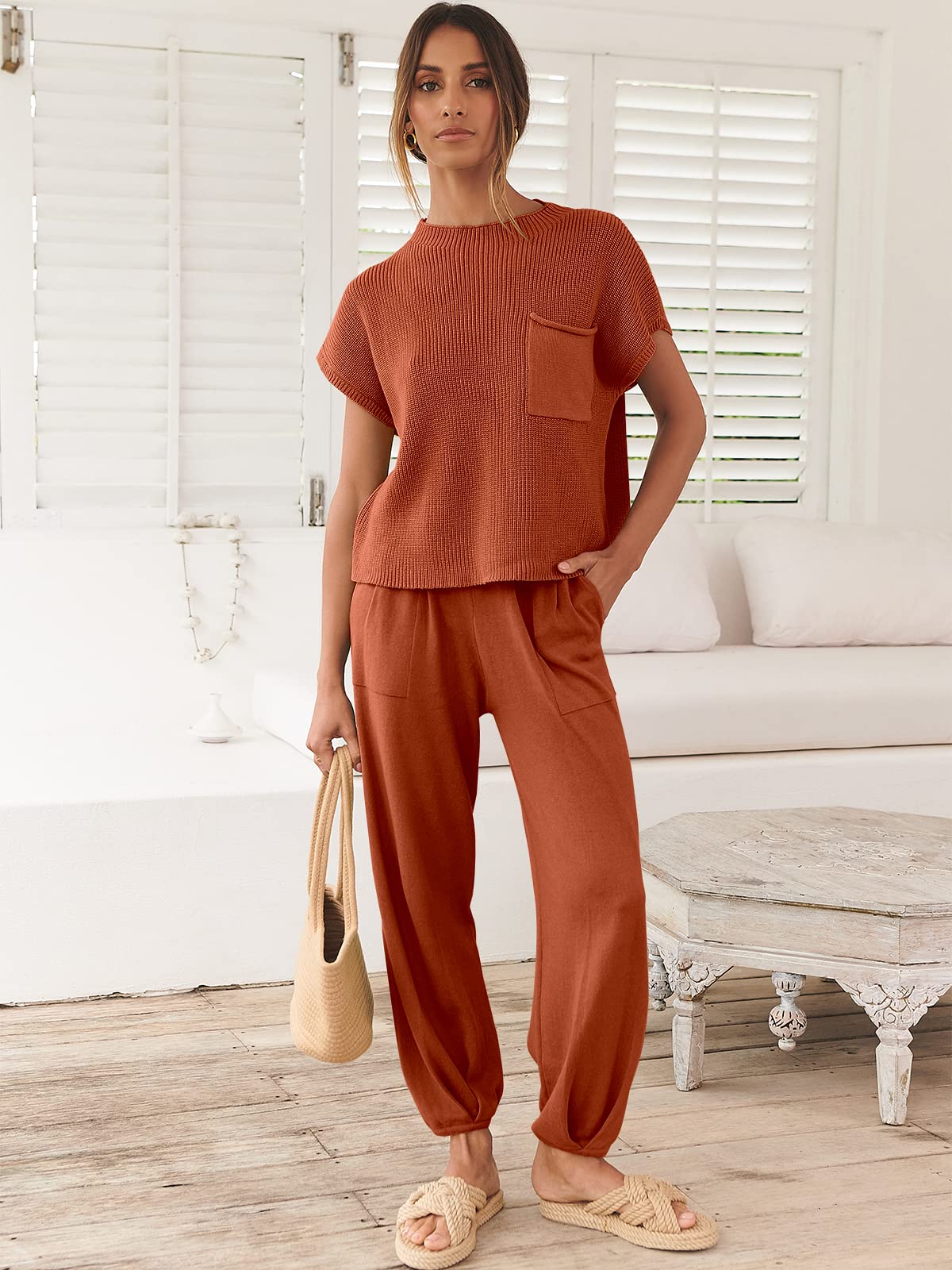 ANRABESS Women's Two Piece Outfits Knit Sweater Vest Crop Top Pants Lounge Matching Tracksuit Sweatsuit Travel Clothes Sets Pink X-Small