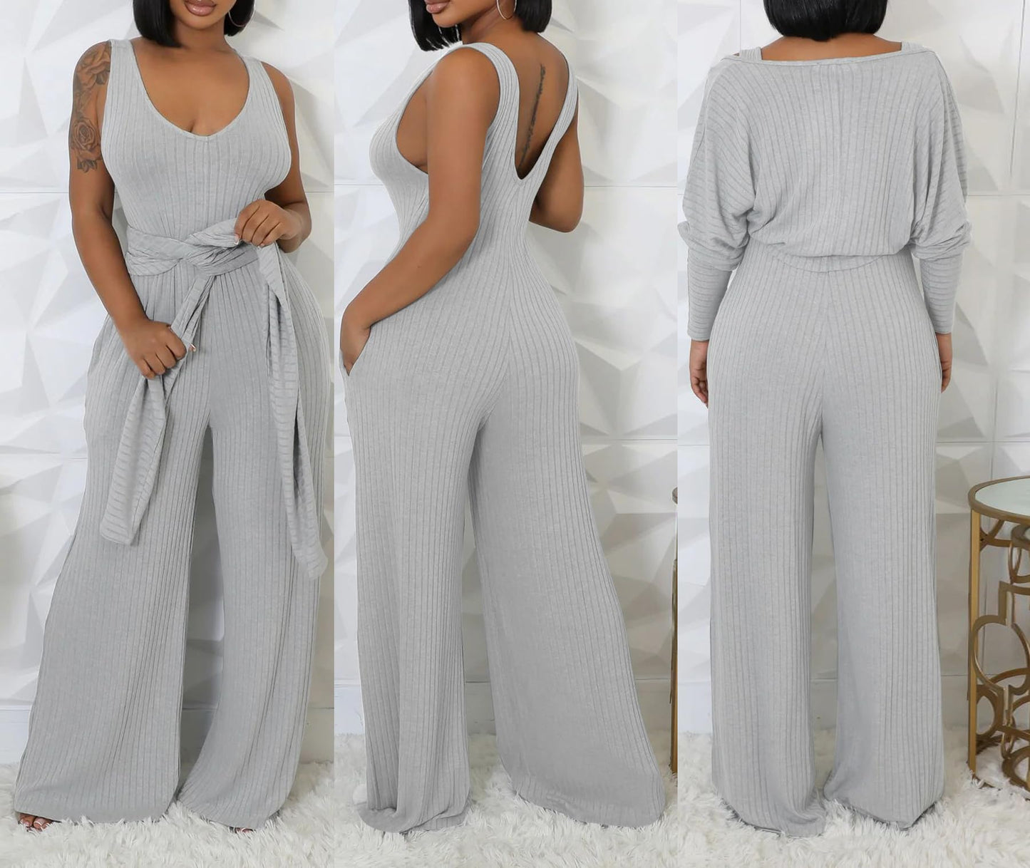 Vakkest Sexy Ribbed Knitted 2 Piece Jumpsuit Outfits for Women Long Sleeve Crop Cardigan Sweater Wide Leg Tank Romper Set